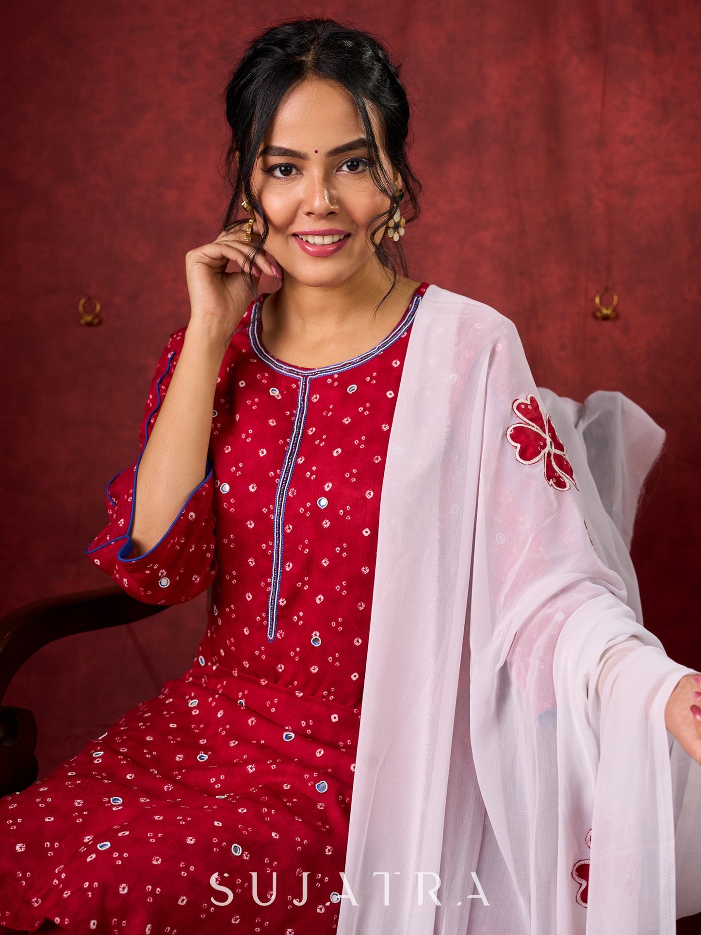 Hand-Embroidered Rayon Bandhani Kurta - Salwar n applique dupatta optional.