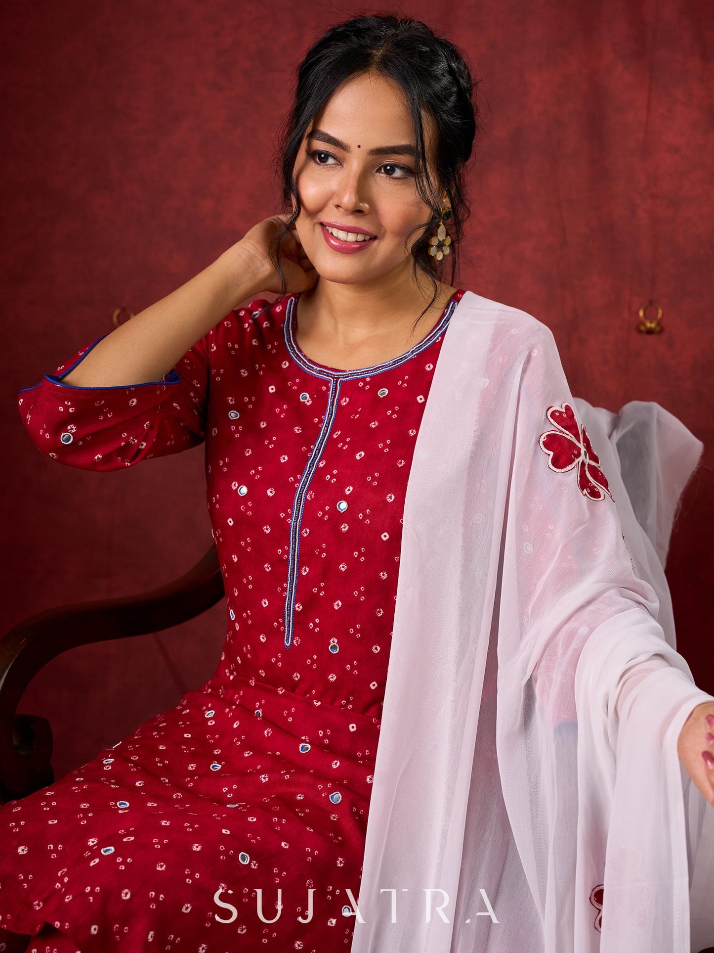 Hand-Embroidered Rayon Bandhani Kurta - Salwar n applique dupatta optional.
