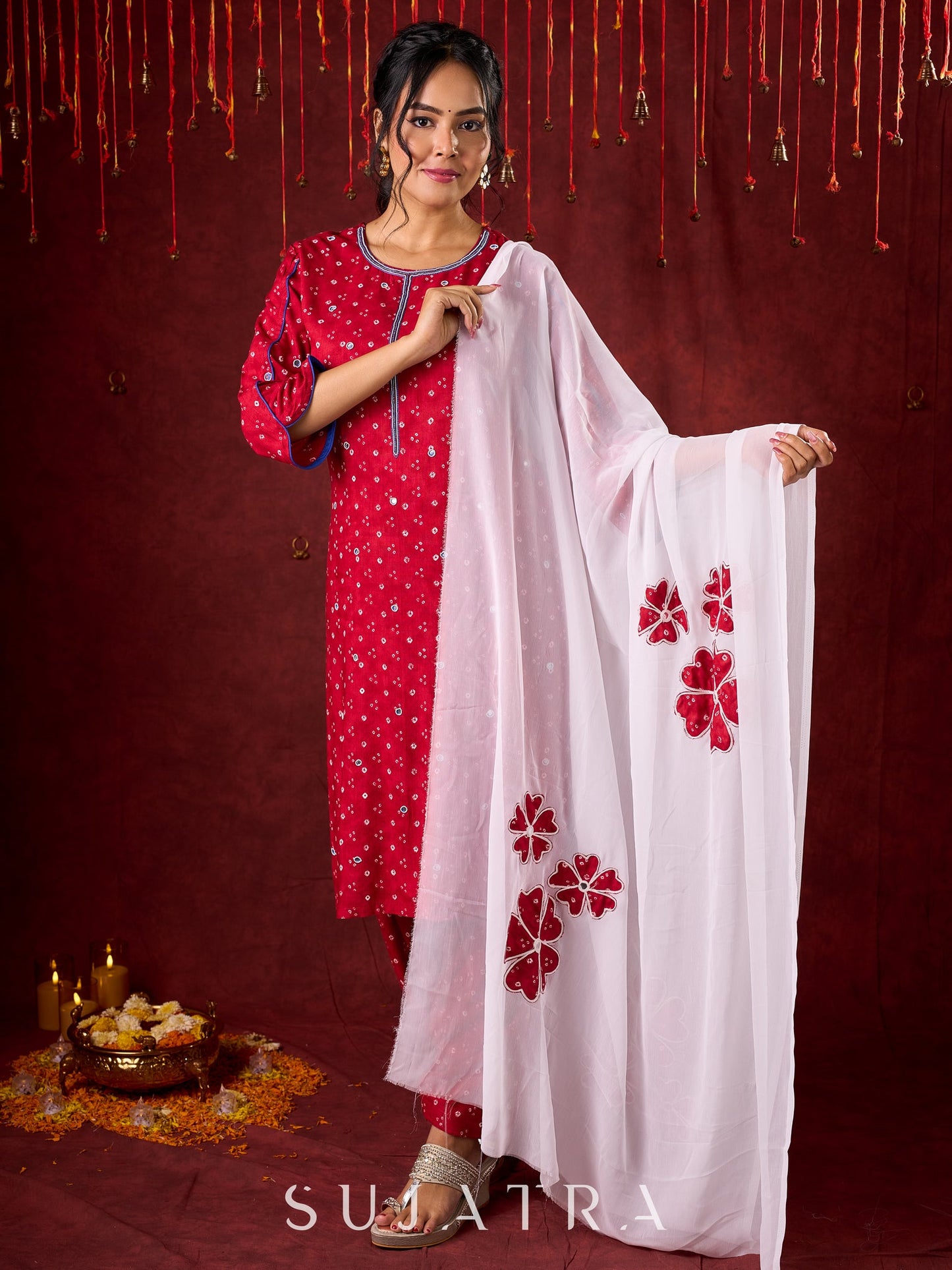 Hand-Embroidered Rayon Bandhani Kurta - Salwar n applique dupatta optional.