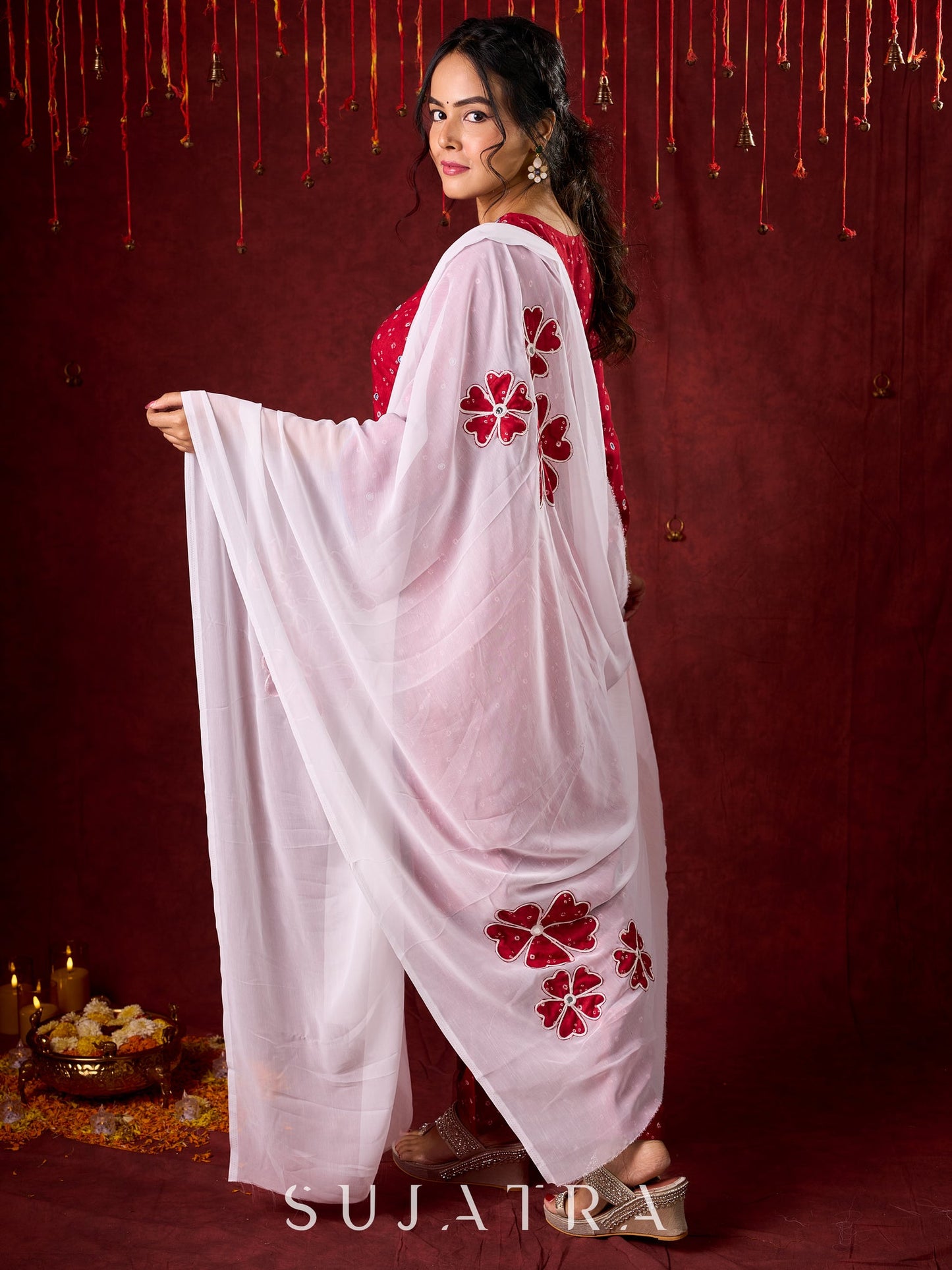 Hand-Embroidered Rayon Bandhani Kurta - Salwar n applique dupatta optional.