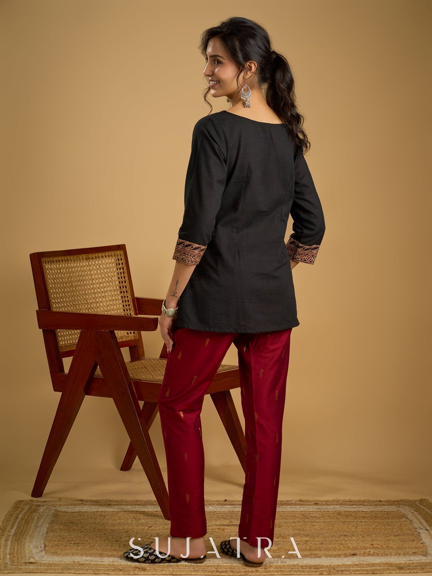 Graceful hand painted cotton ajrakh combination black top - Pant optional