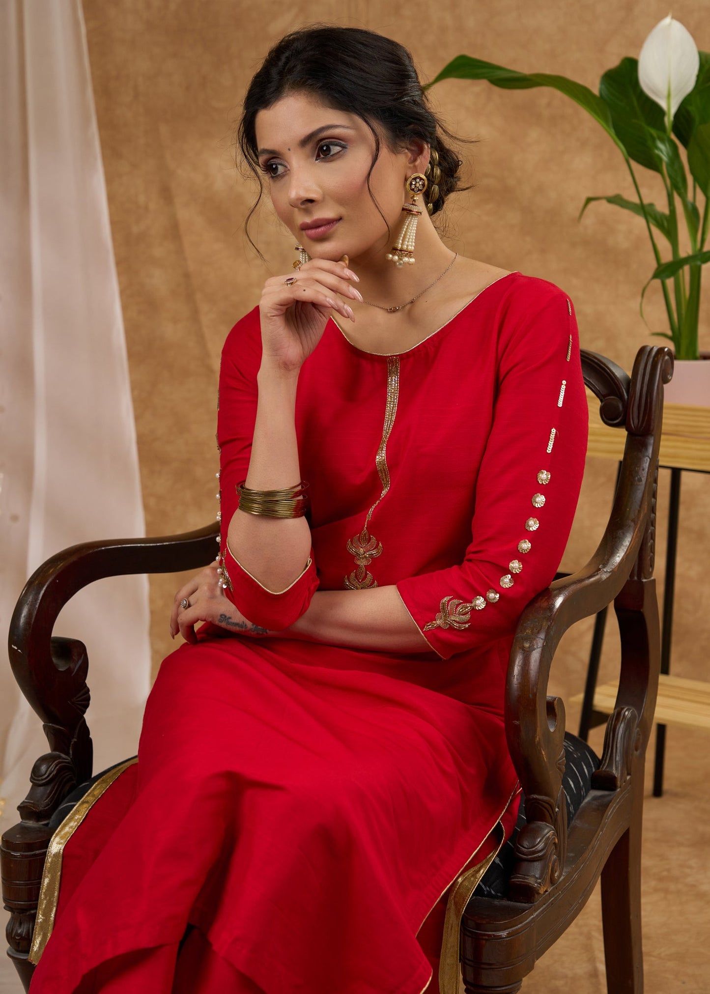 Stunning red cotton silk kurta adorned with intricate hand embroidery Pant optional