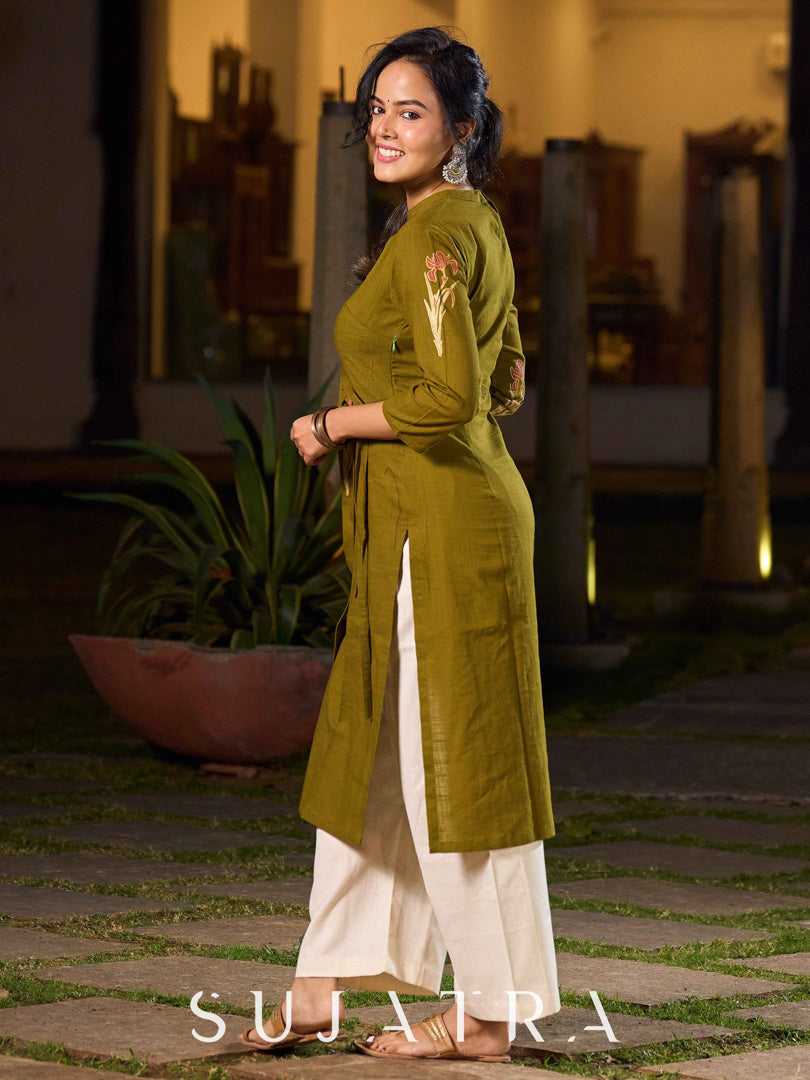 Contemporary Olive Green Cotton Hand Block Printed Overlapping Kurta with Floral Motifs