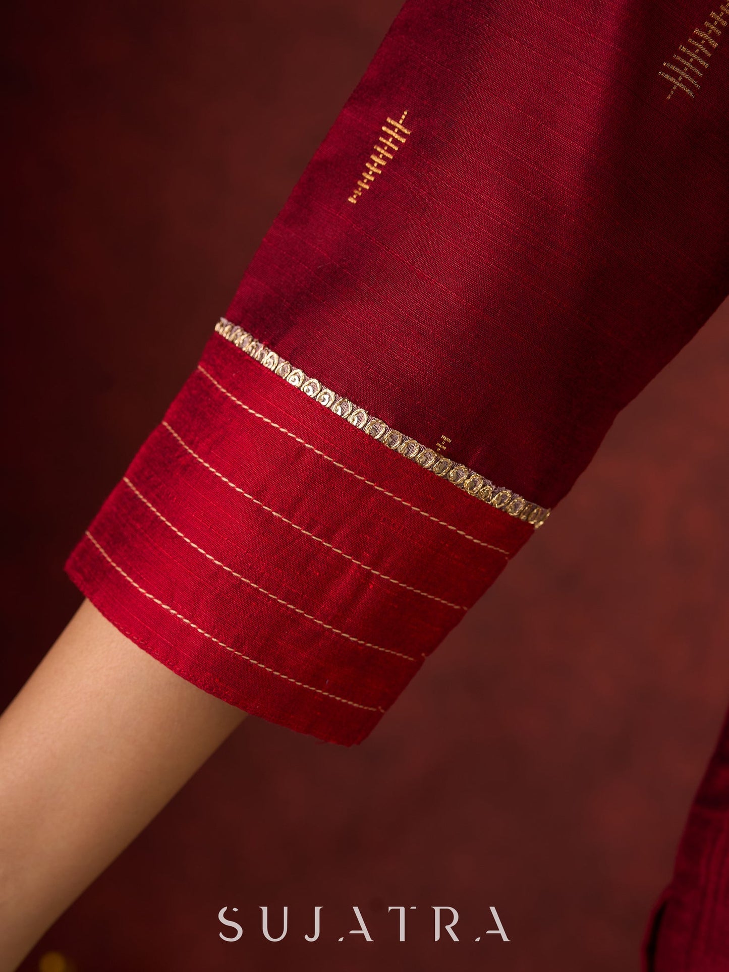 Elegant straight-cut kurta in maroon with shimmering golden buttis - Pant and Dupatta optional