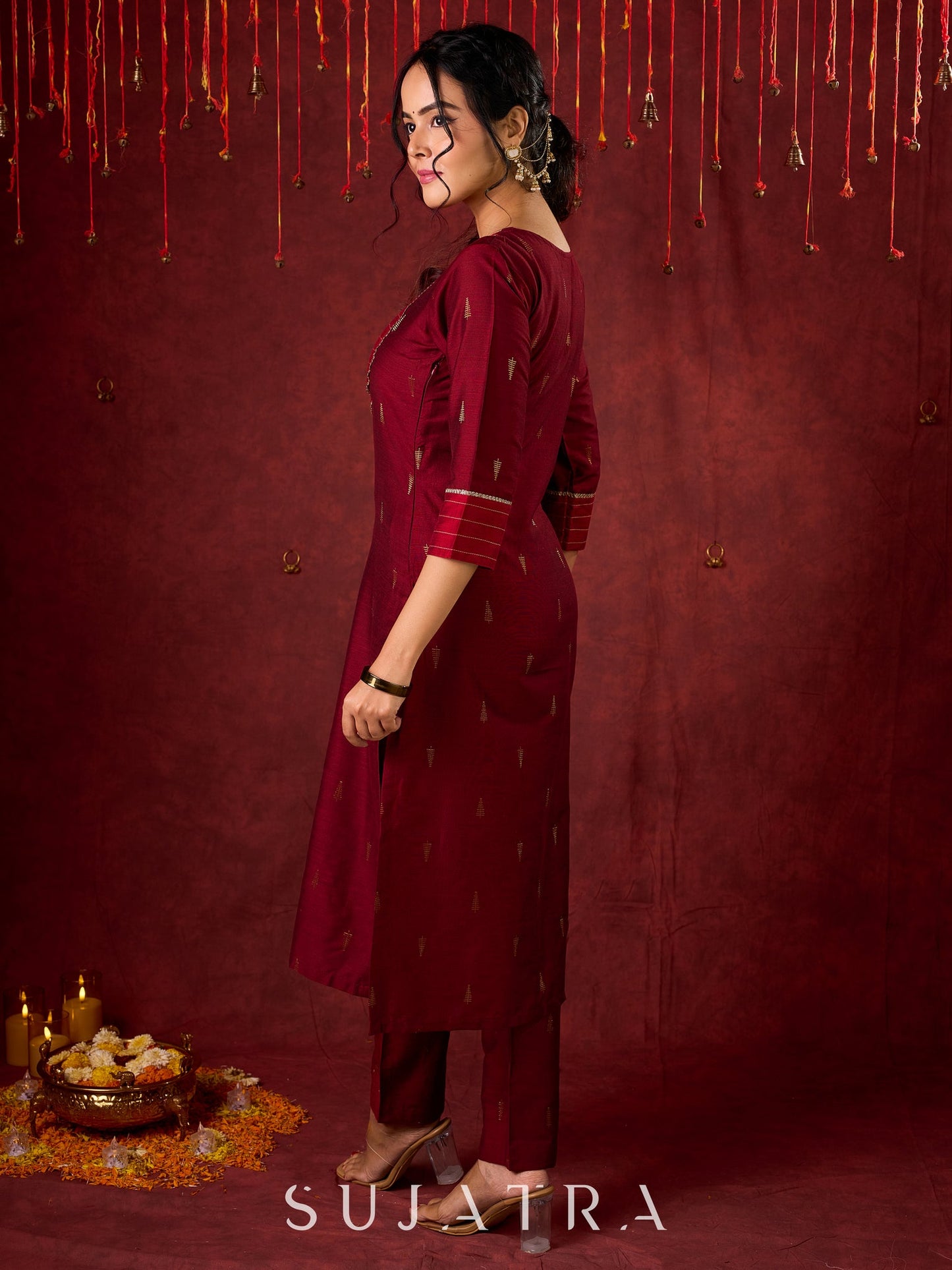 Elegant straight-cut kurta in maroon with shimmering golden buttis - Pant and Dupatta optional