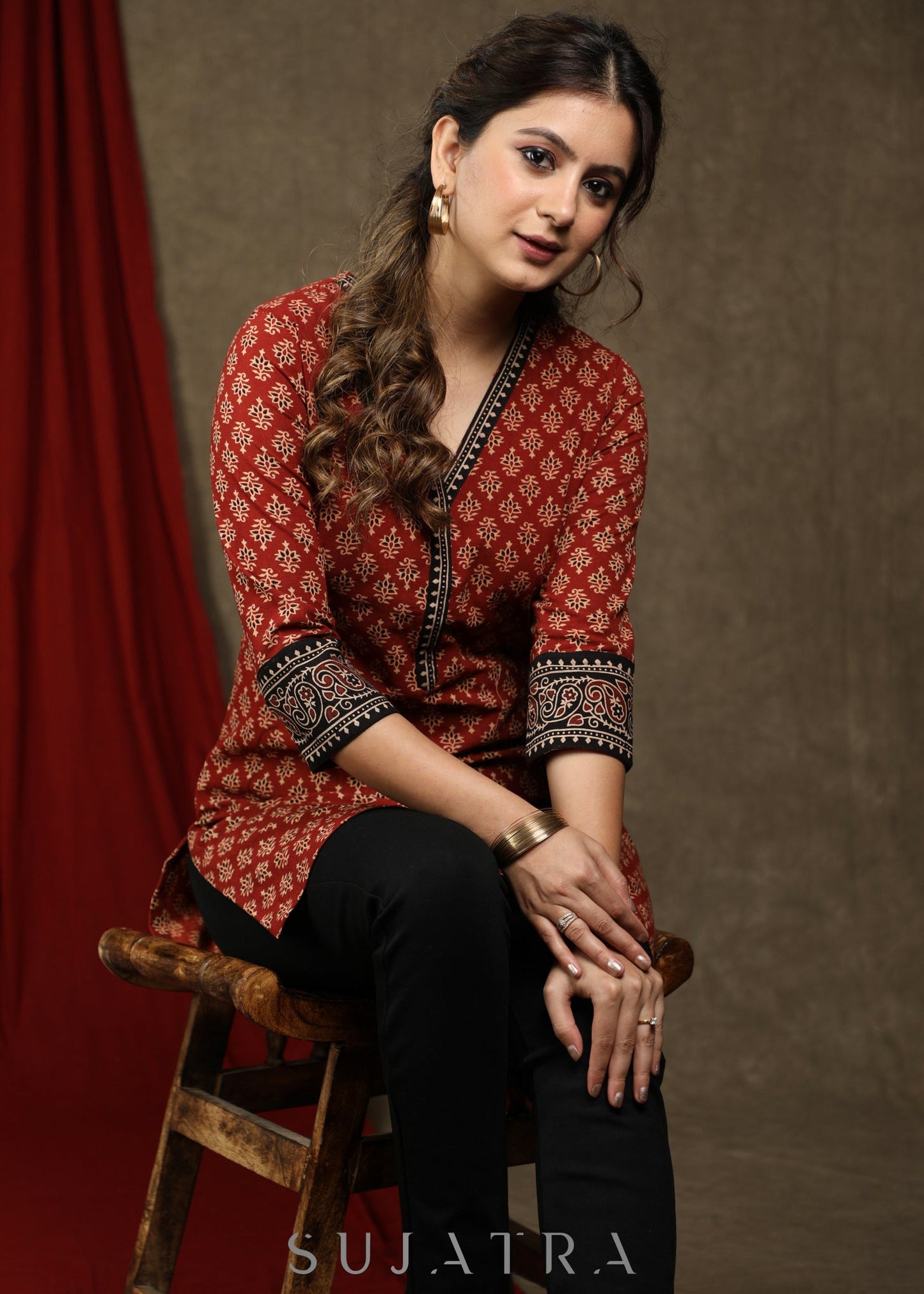 Beautiful maroon cotton ajrakh tunic with combination sleeves