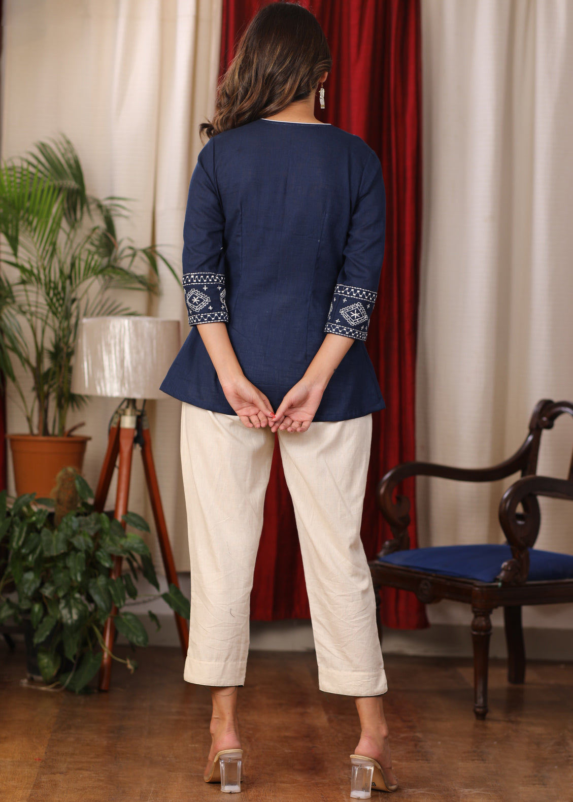 Blue cotton Top with beautiful white embroidery and Dori