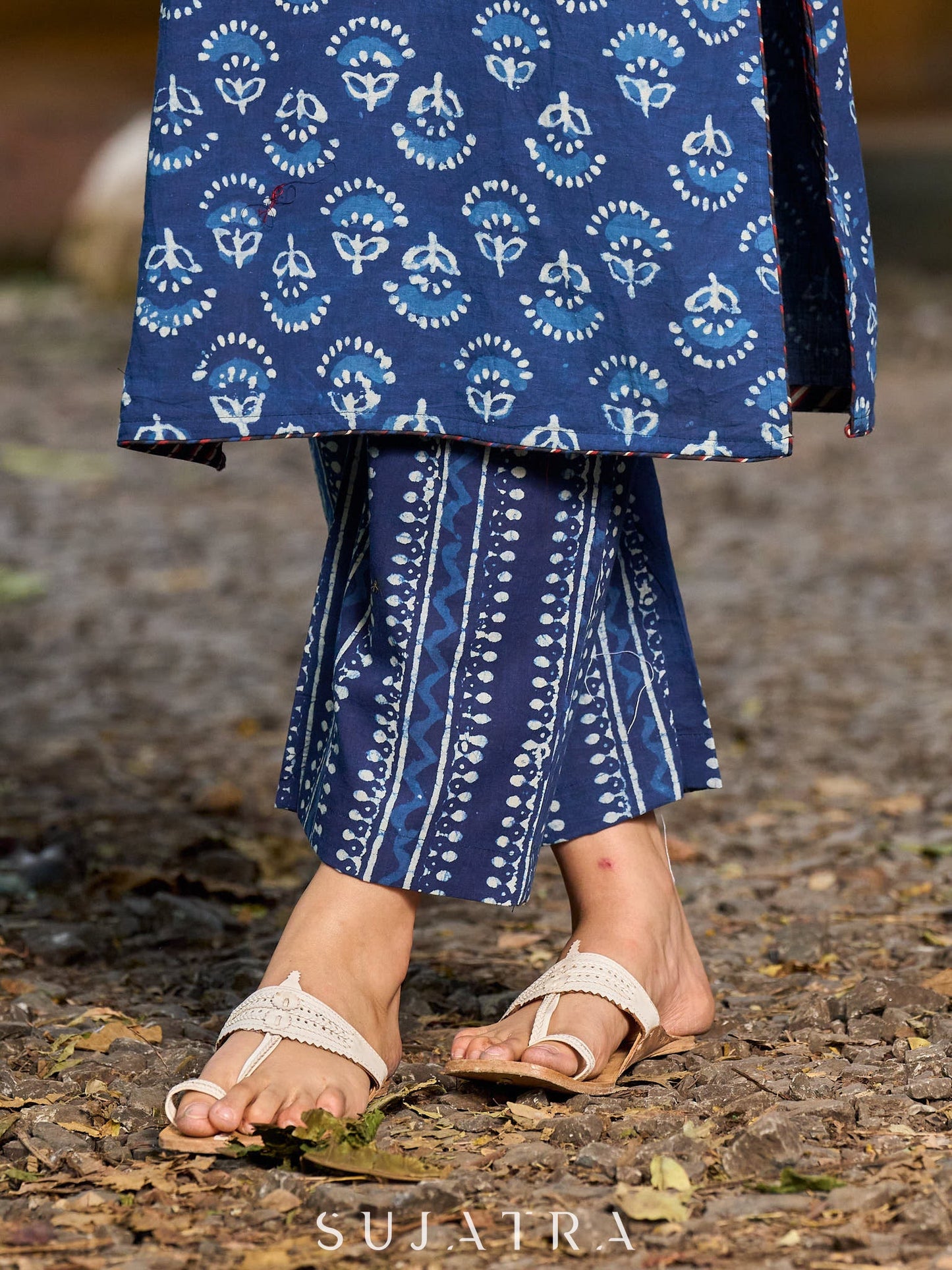 Timeless indigo kurta with an indigo border yoke and delicate stripe piping.