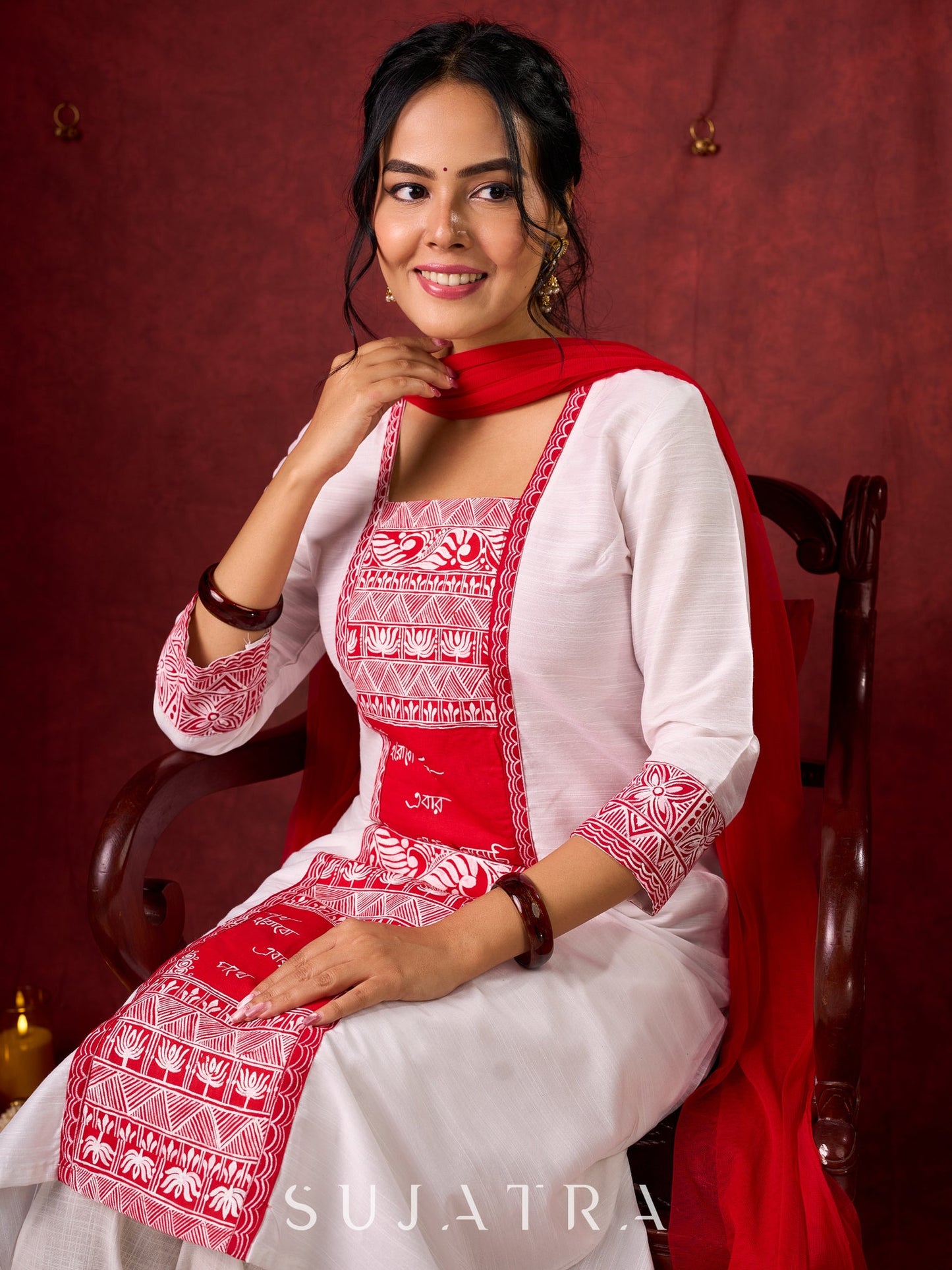 Beautiful hand-painted kurta in soft cotton-silk, perfect for special occasions - Pant and Dupatta optional.