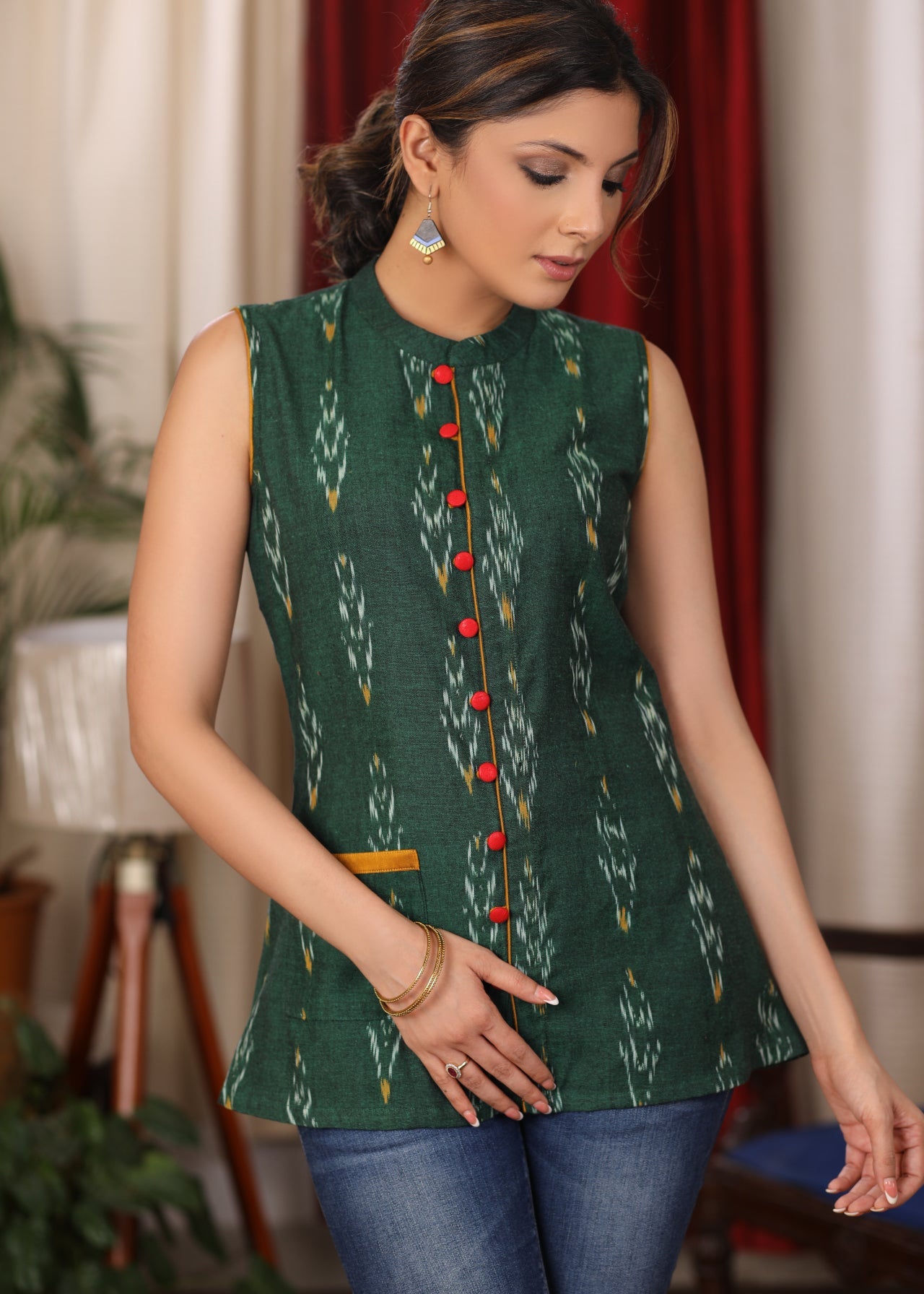 Green Ikkat sleeveless Top with red buttons