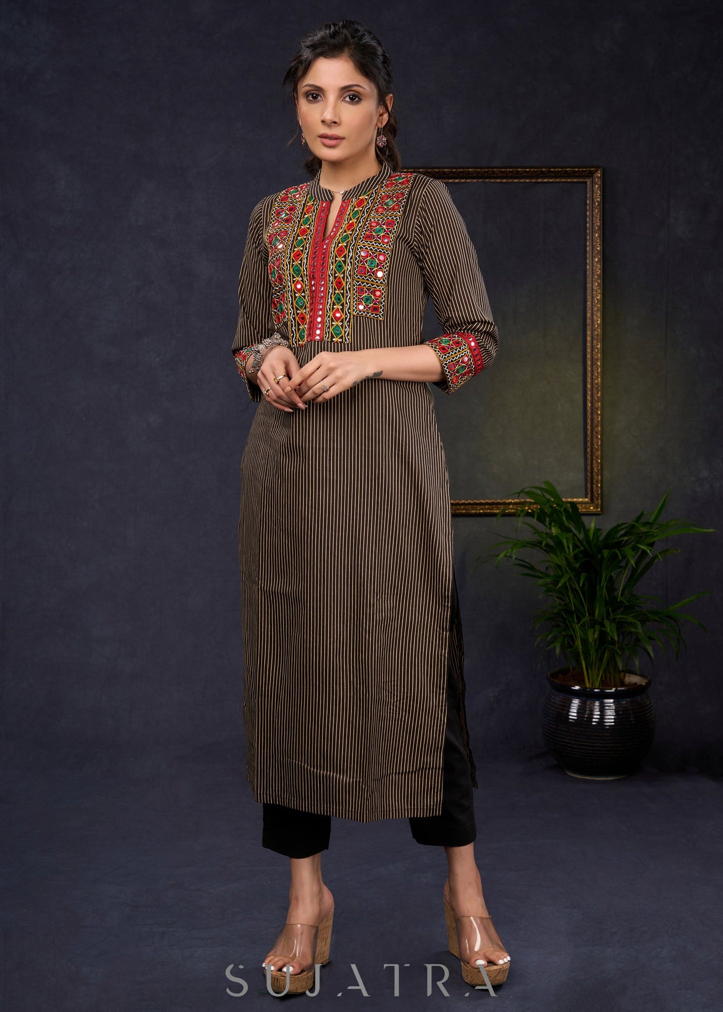 Traditional-Black-Cotton-Ajrakh-Straight-Cut-Kurta-With-Beautiful-Kutch-Mirror-Work--Pant-Optional