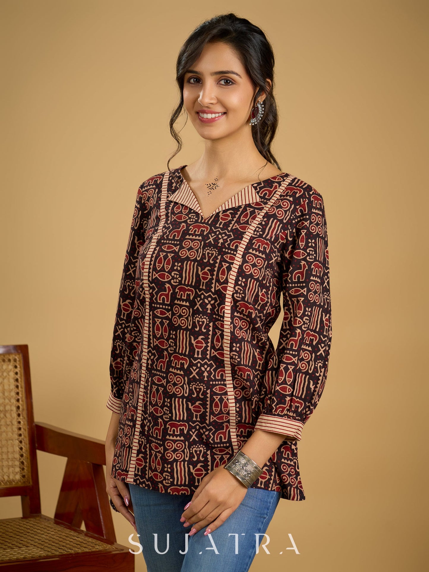 Classic black cotton ajrakh combination top