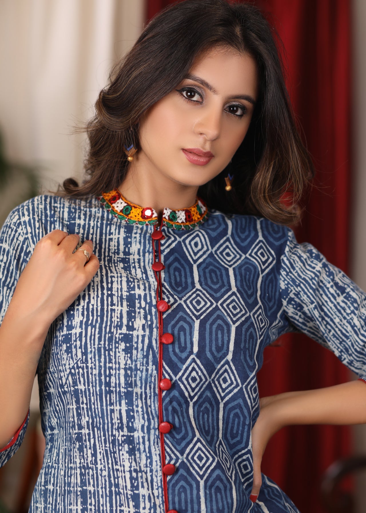 Indigo combination Top with mirror work collar