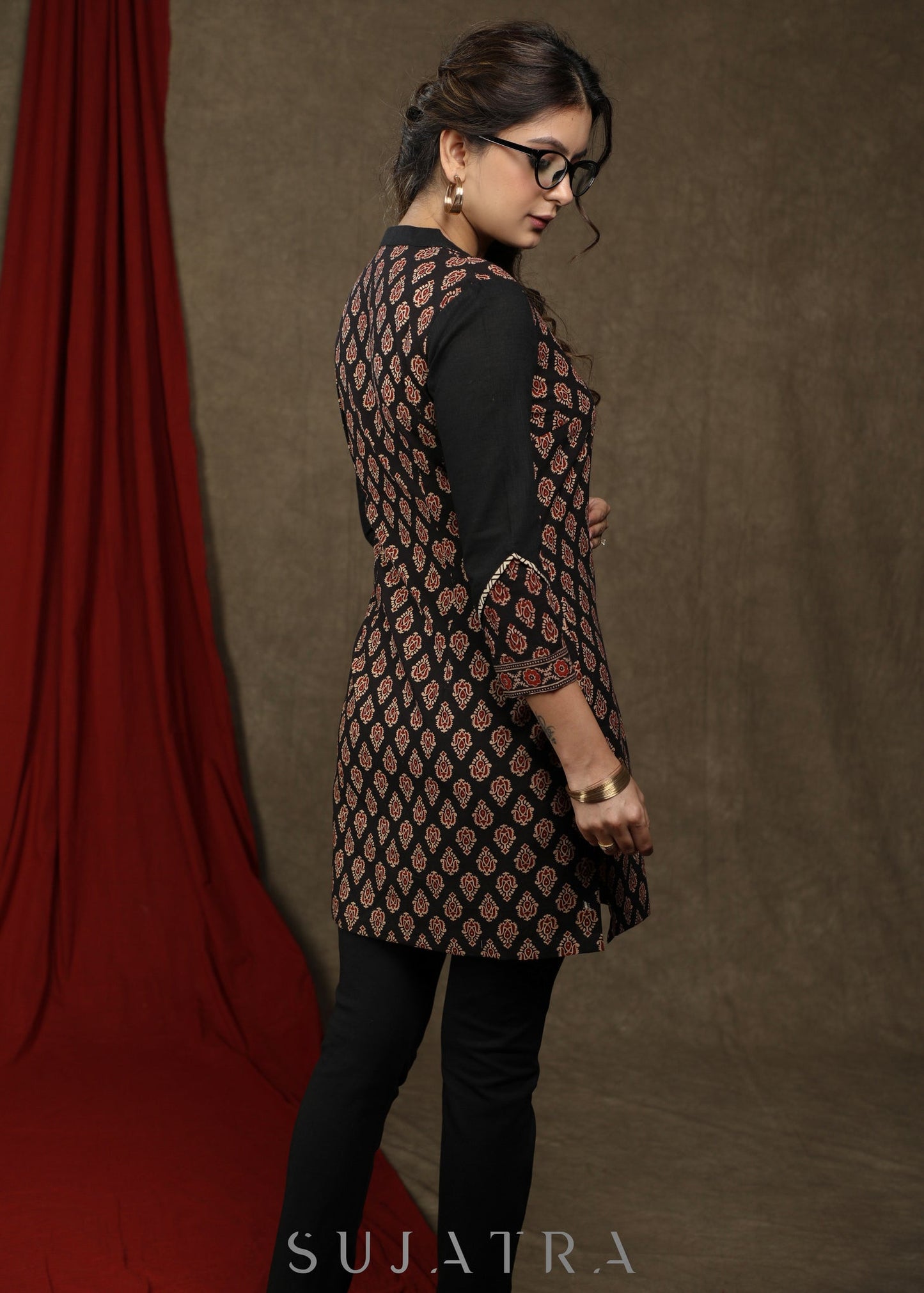 Exclusive black cotton ajrakh combination tunic