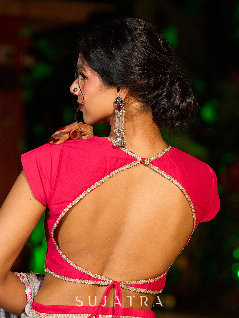 Delicate Grey Saree with Sequin Detailing & Pink Floral Embroidery & Pink Border with Lace Accent