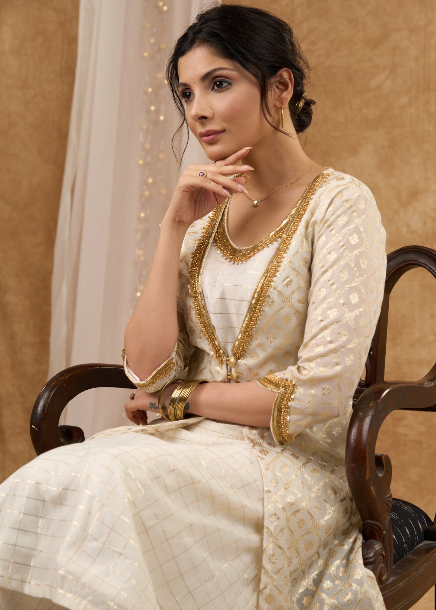 Elegant hand Embroidered Ivory Chanderi Kurta with Brocade Jacket Pant Optional