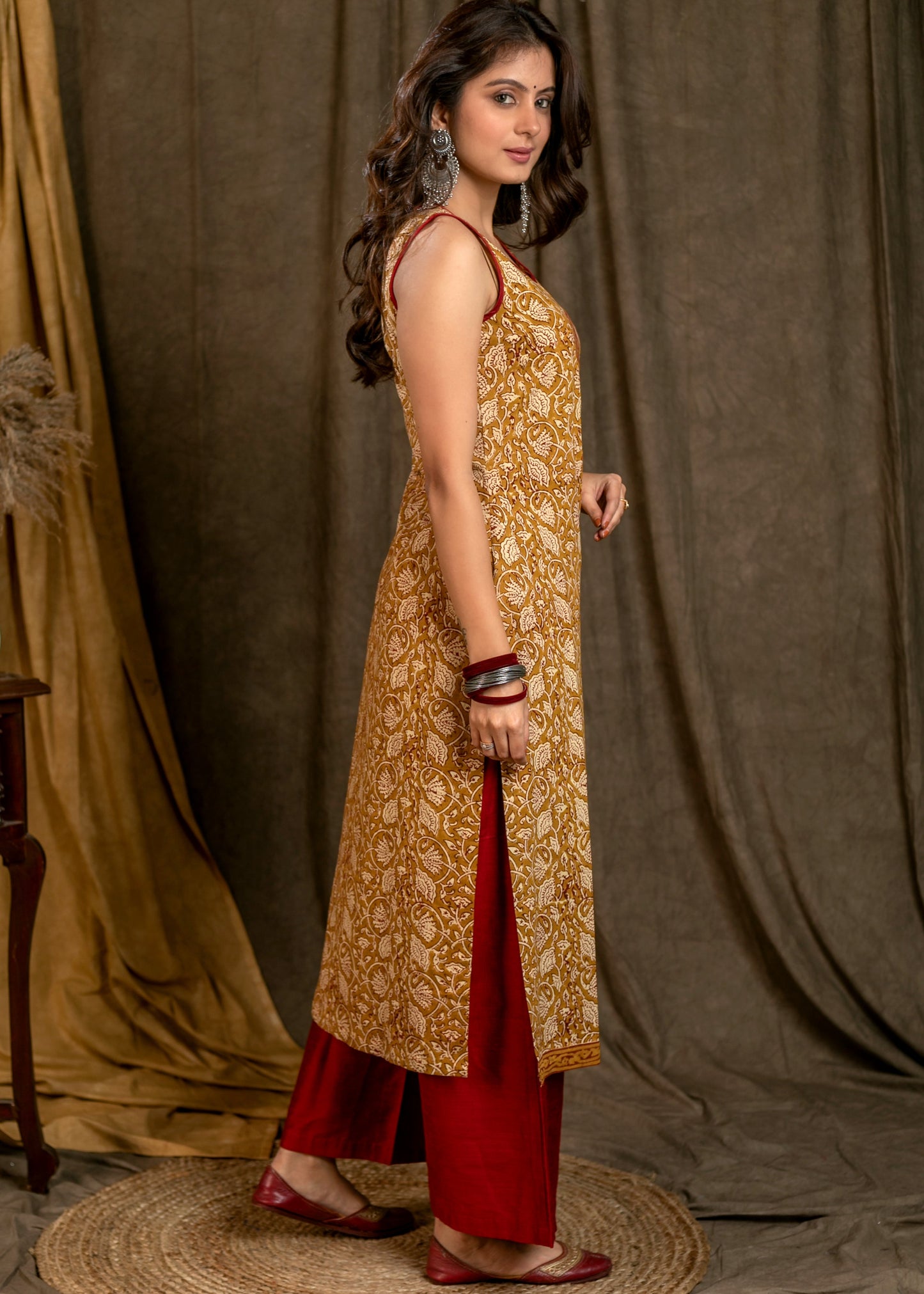 Classy Mustard Printed Cotton Kurta with Front Placket - Pant Optional