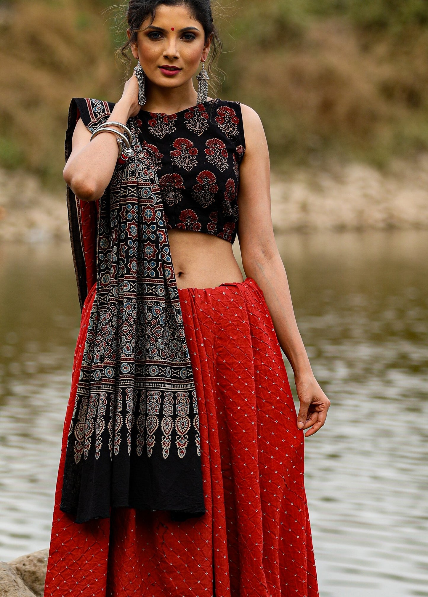 Exclusive bandhej saree with Ajrakh block printed border & pallu with same Ajrakh block printed Blouse piece