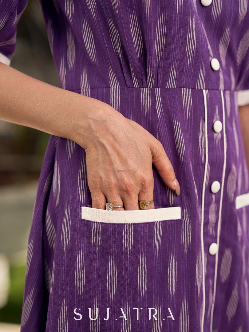 Purple Ikat dress with a notch collar, softly gathered sleeves, crisp white accents, a gently gathered upper waist, and functional slip-in pockets.