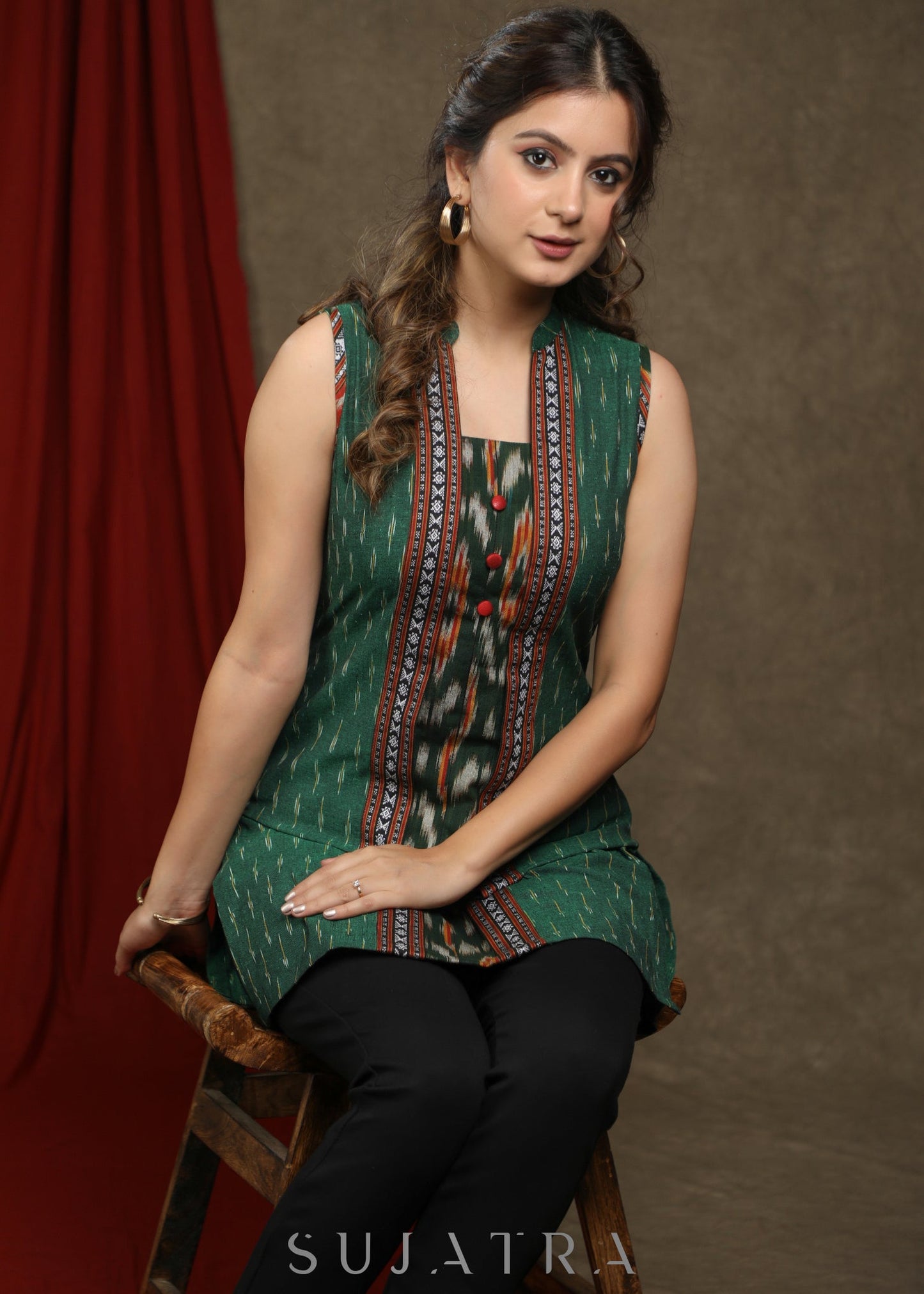 Classy bottle green ikat combination tunic