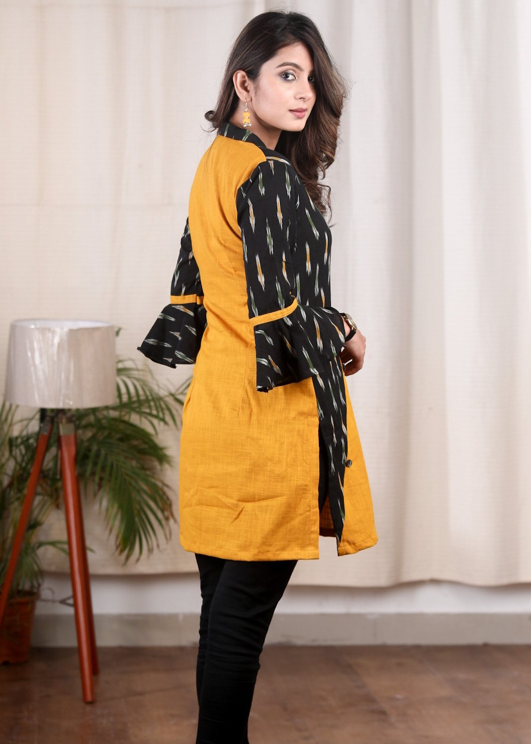 Mustard cotton tunic with Ikat combination