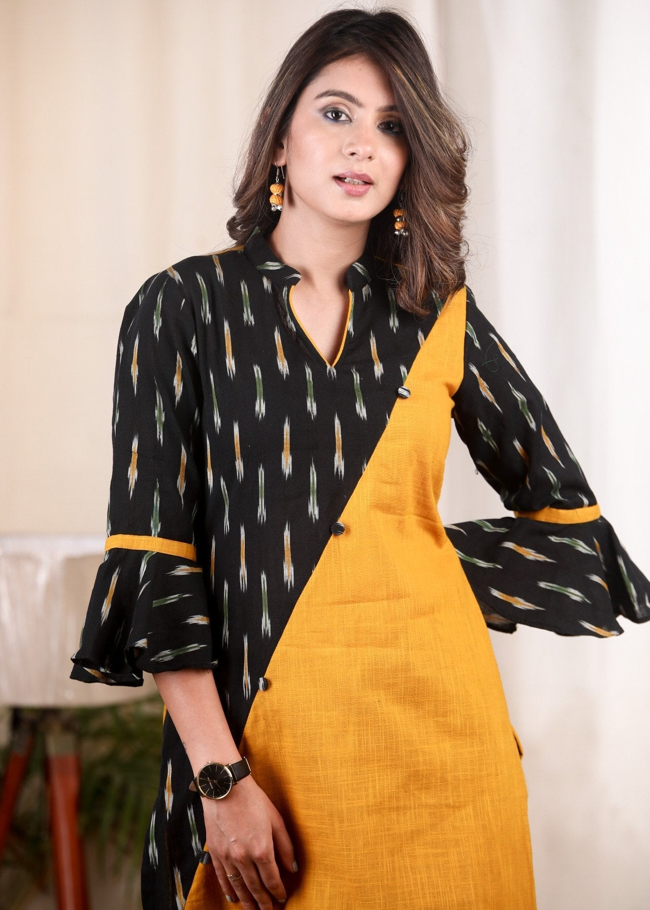 Mustard cotton tunic with Ikat combination