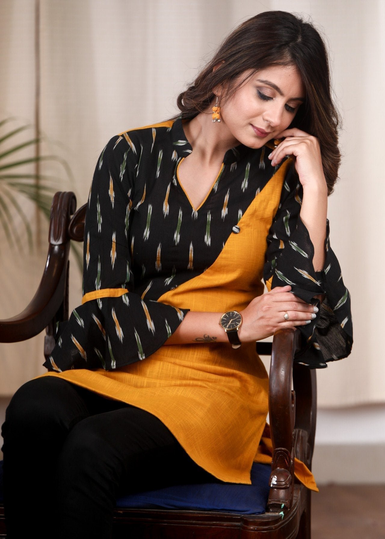 Mustard cotton tunic with Ikat combination