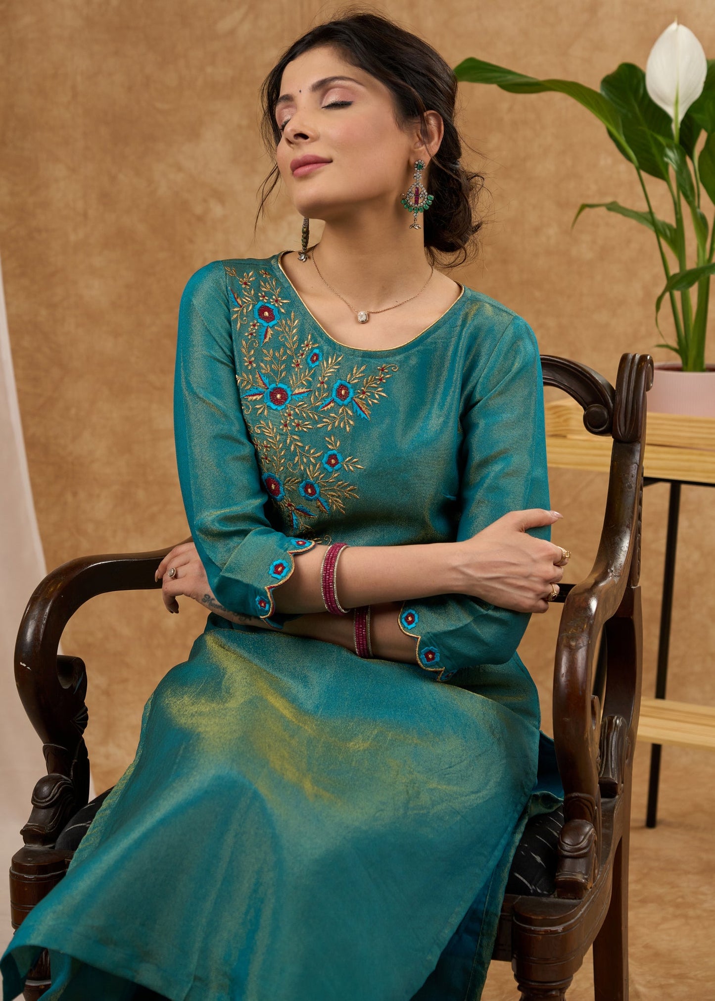 Luxurious teal tissue kurta with intricate embroidery Tissue pant optional