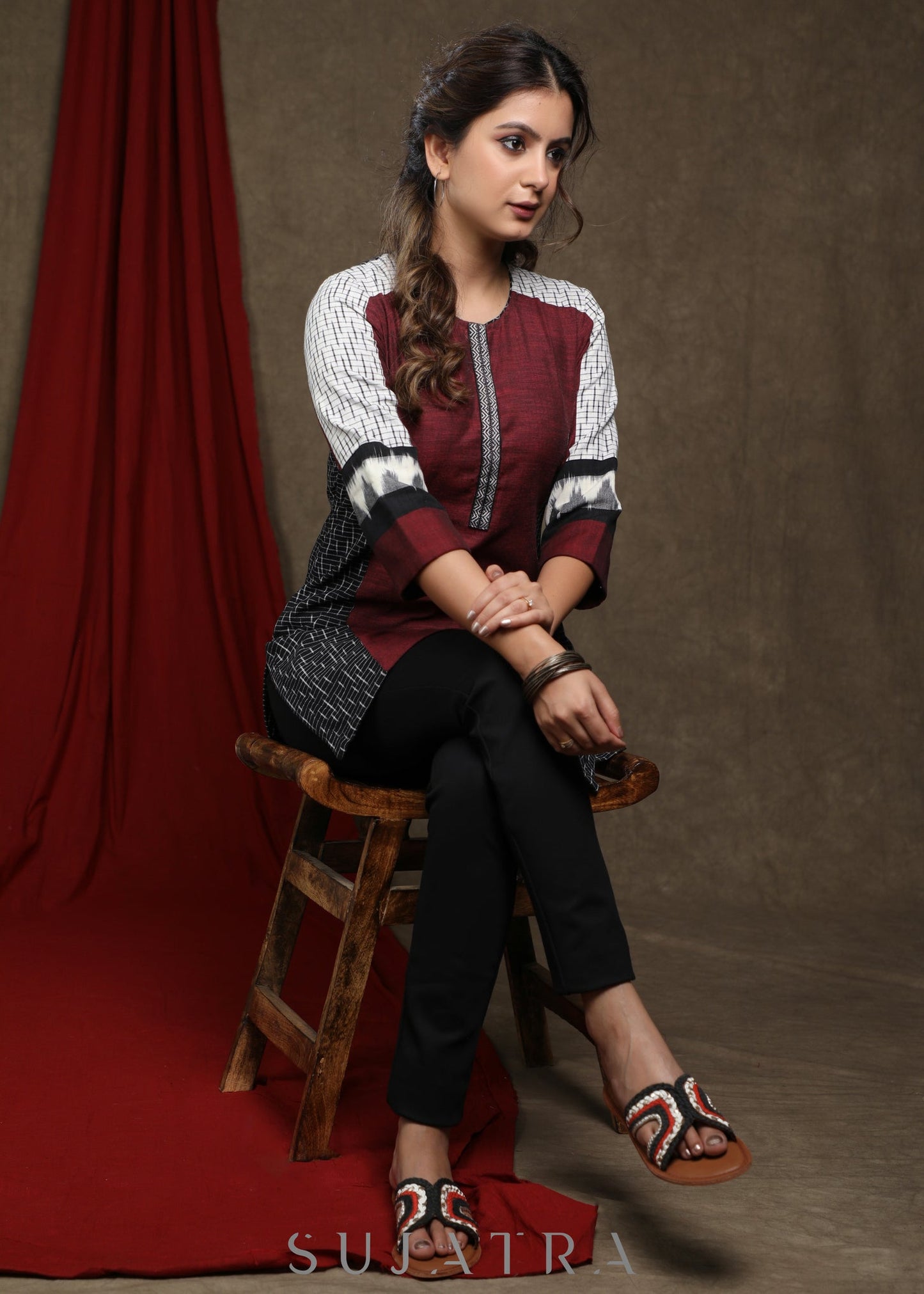 Classy wine cotton tunic with black and white ikat combination