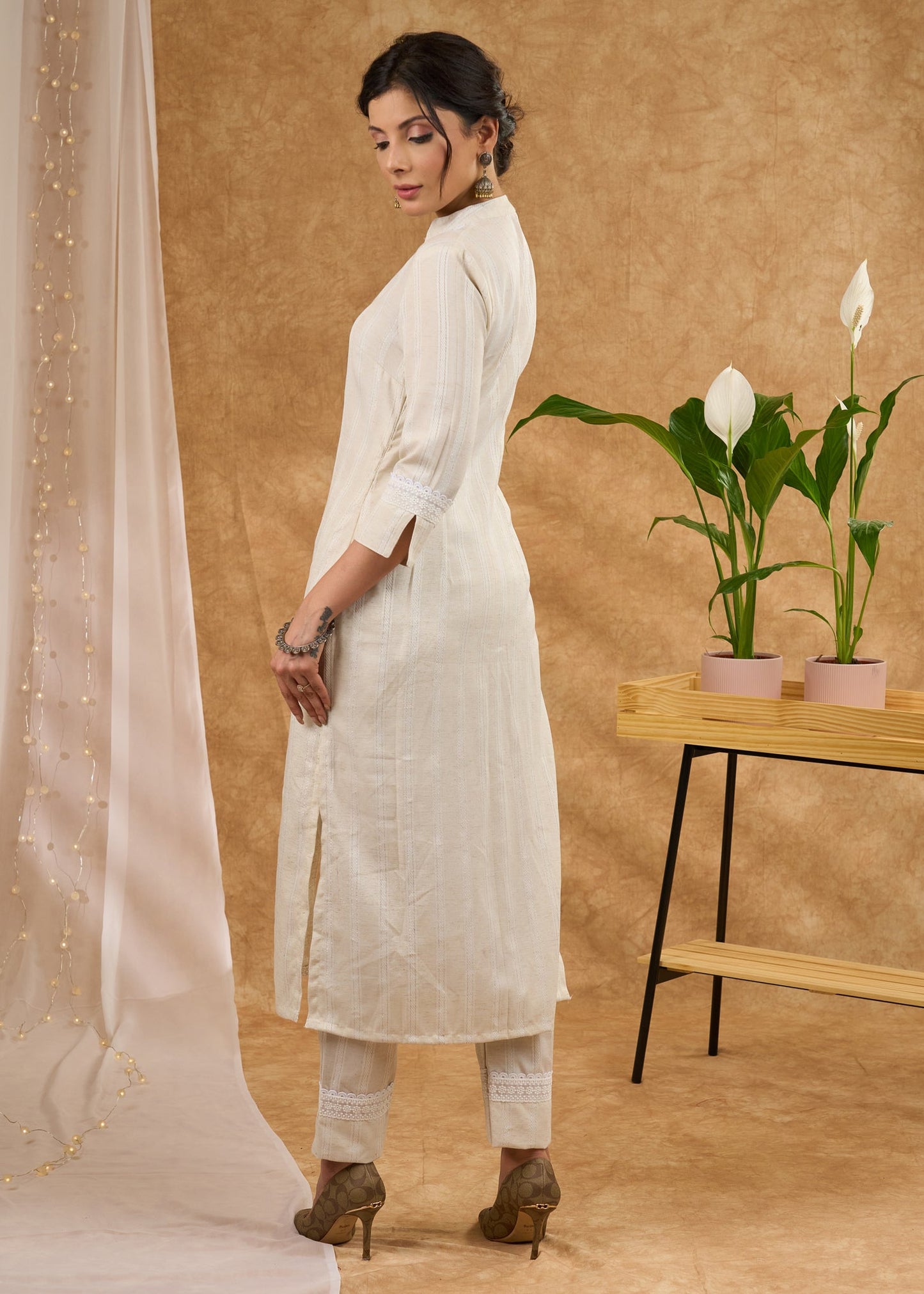 Exclusive self striped cotton kurta with lace Pant optional