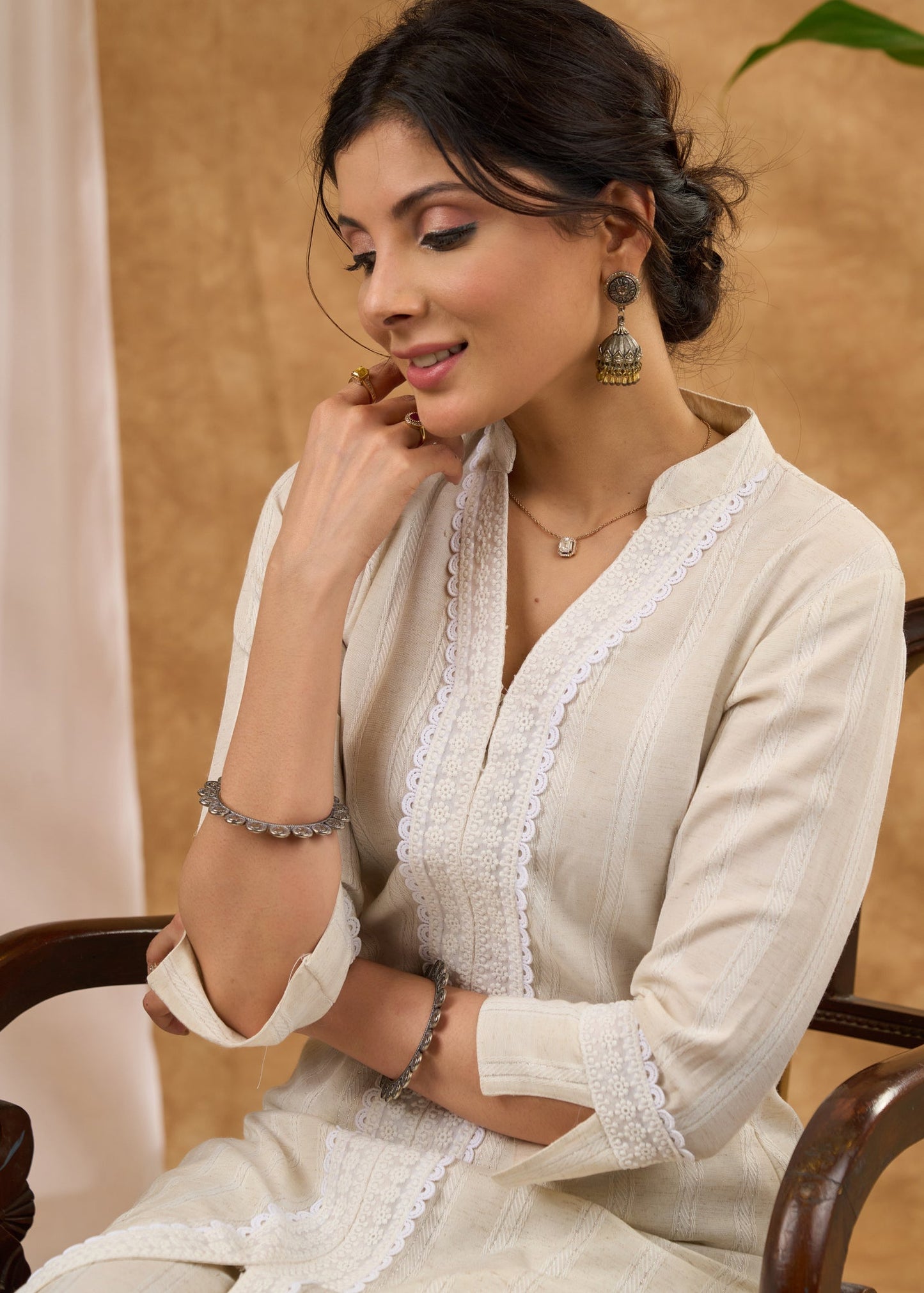 Exclusive self striped cotton kurta with lace Pant optional