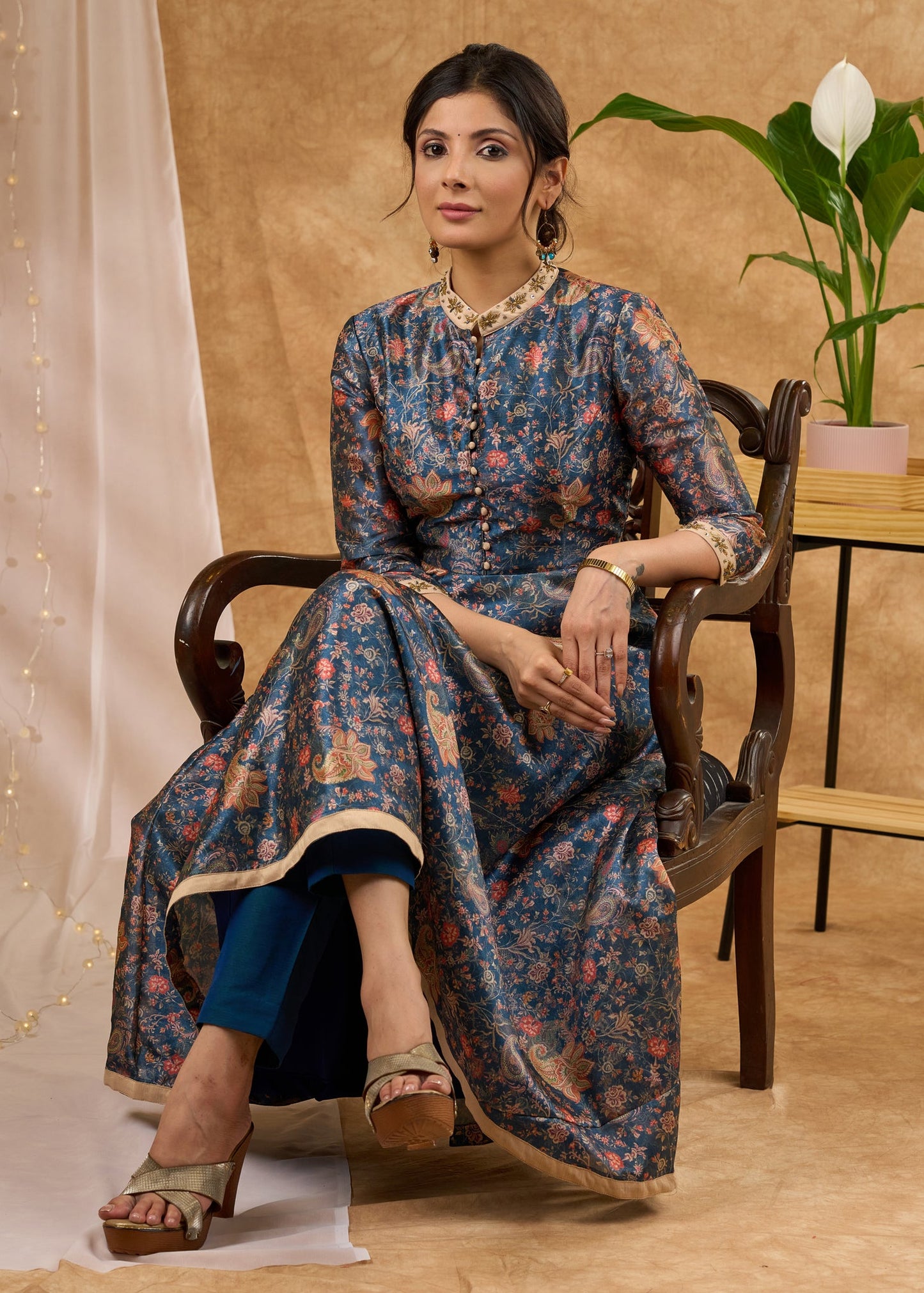 Beautiful hand embroidered flared Chanderi kurta with embellished collar Pant optional