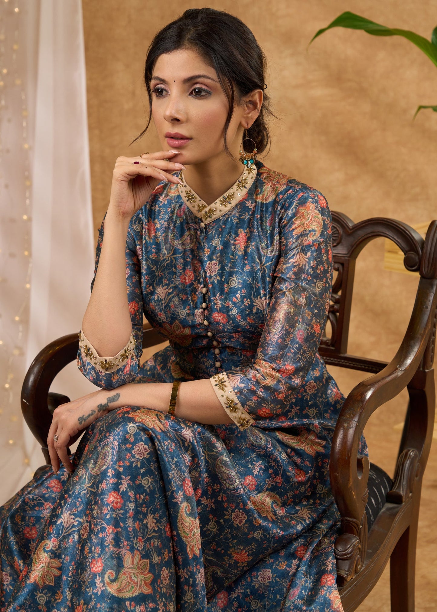 Beautiful hand embroidered flared Chanderi kurta with embellished collar Pant optional