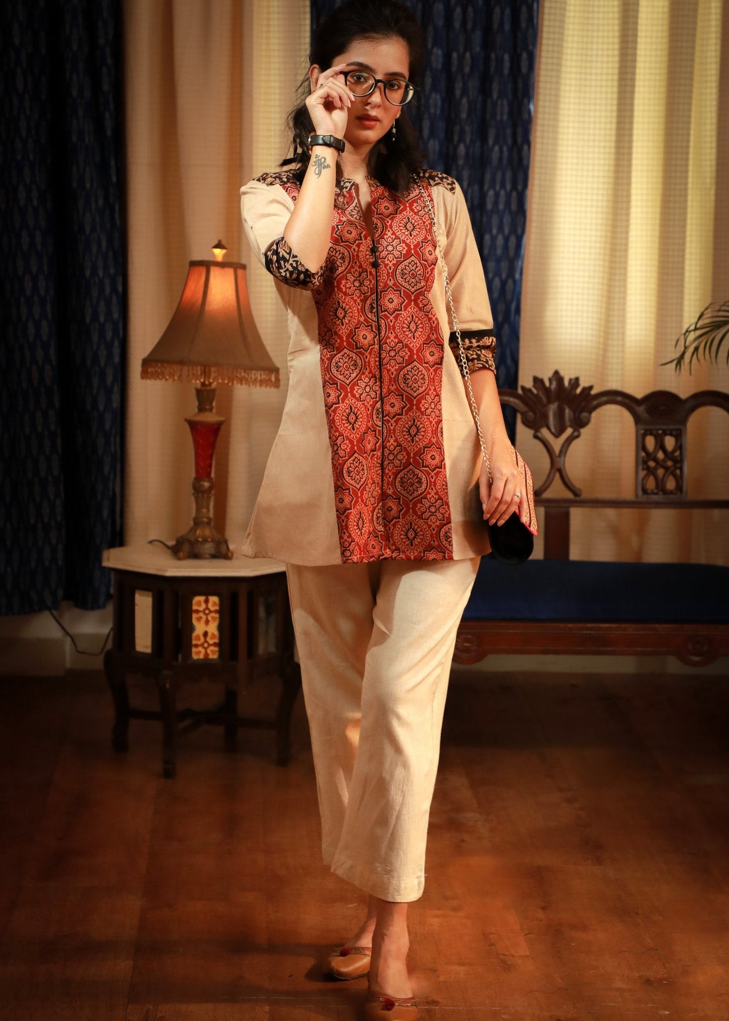 Beige & maroon combination kalamkari & Ajrakh printed panel pure cotton top