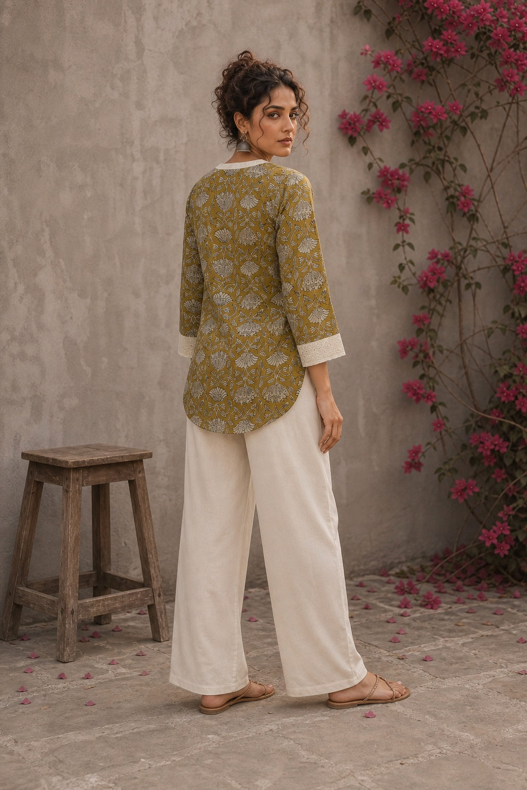 Mustard Jaipur cotton wrap-style Angarkha top with off-white Hakoba cuffs and graceful contrast accents.