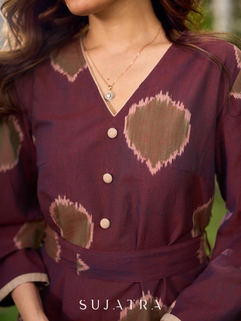 Elegant wine-purple Ikat dress with flowy sleeves, finished with a belt for a softly cinched silhouette.