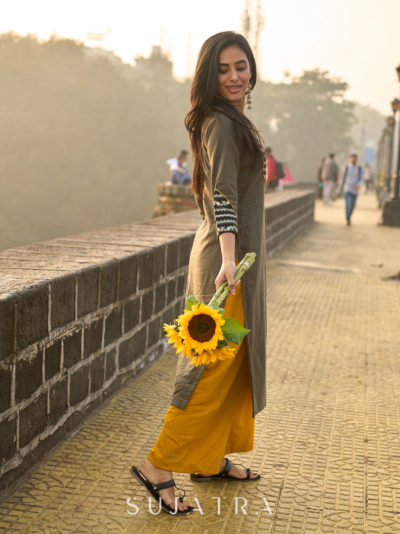 Stylish Grey Cotton Pleated Kurta with Artful Printed Yoke, Cuff Design & Contrast Mustard Piping