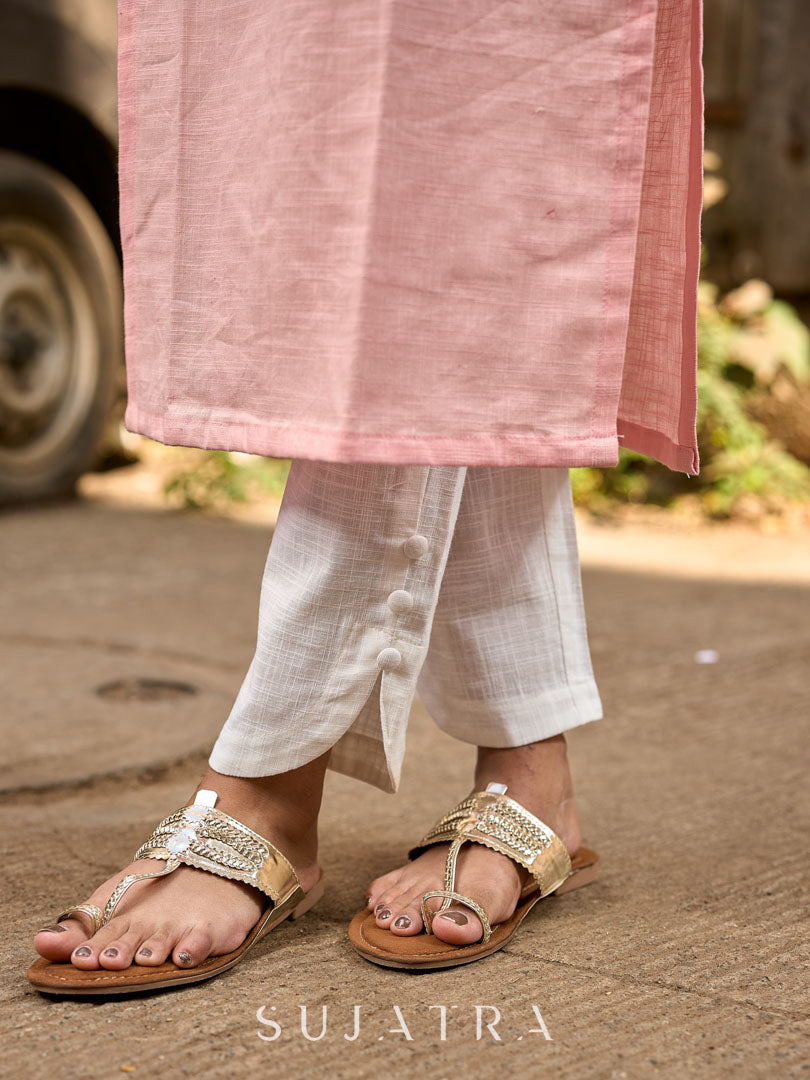 Chic Pastel Pink Cotton Kurta with Blue Floral Yoke Design & Sleeve Patch Accents