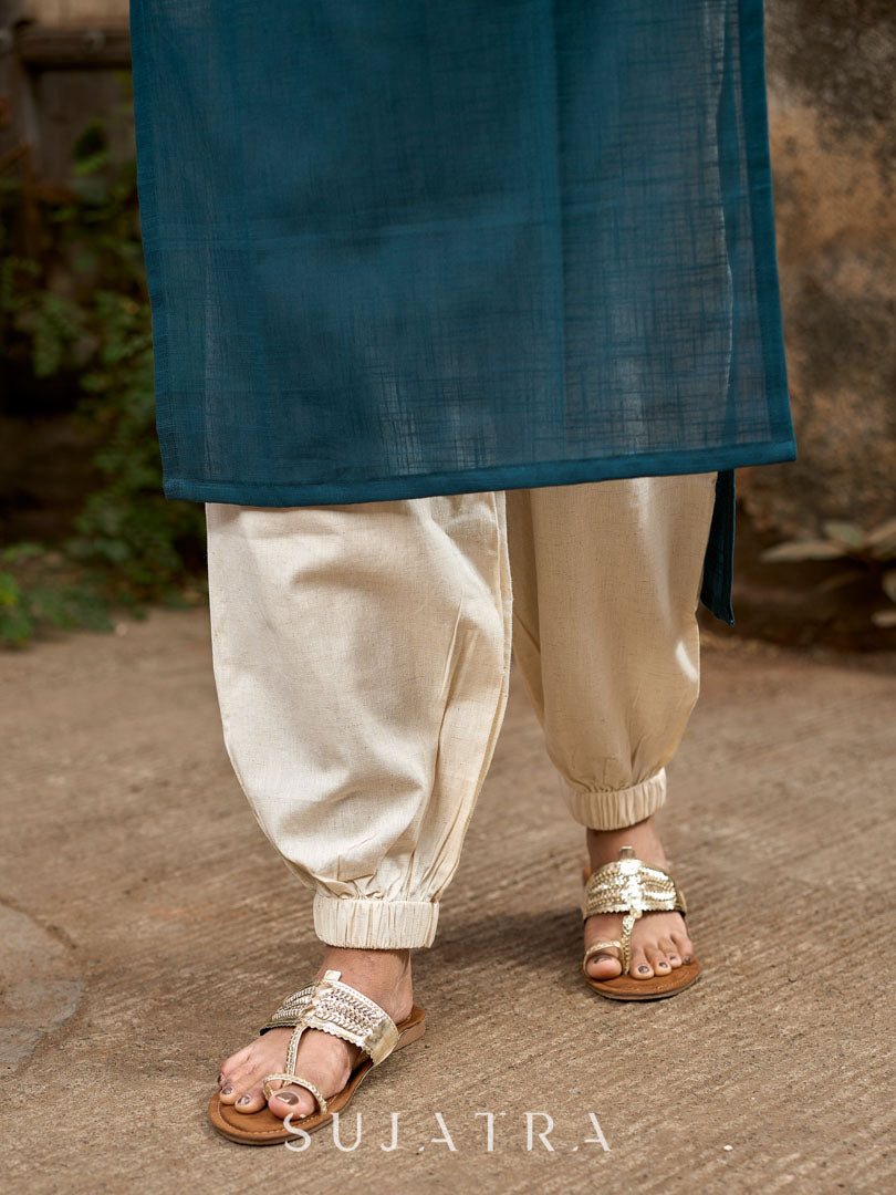 Artful Teal Cotton Kurta Featuring Madhubani Panel Yoke & Cuff Highlights