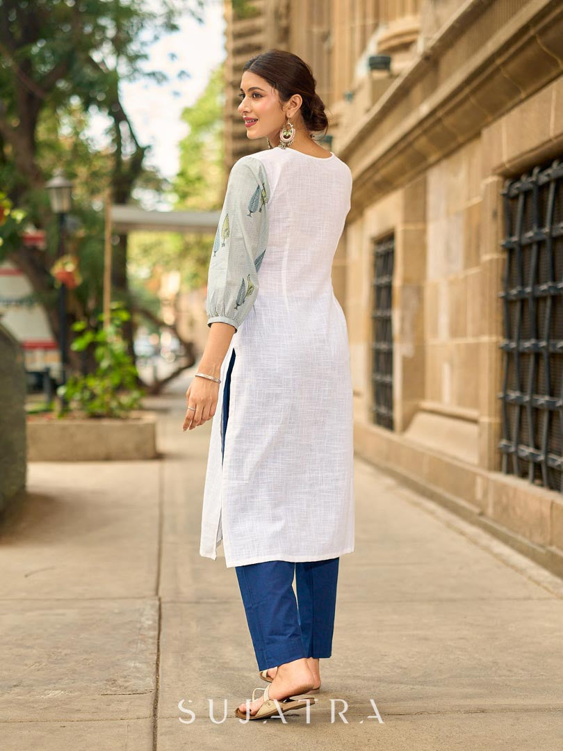 Structured White Cotton Kurta with Powder Blue Printed Yoke & Gathered Puff Sleeves