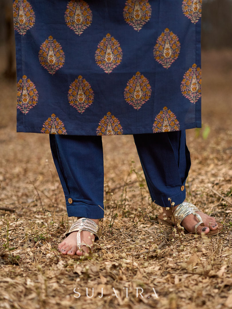 Navy Blue Cotton Kurta with Contrast Mustard Yoke and Printed Buttas