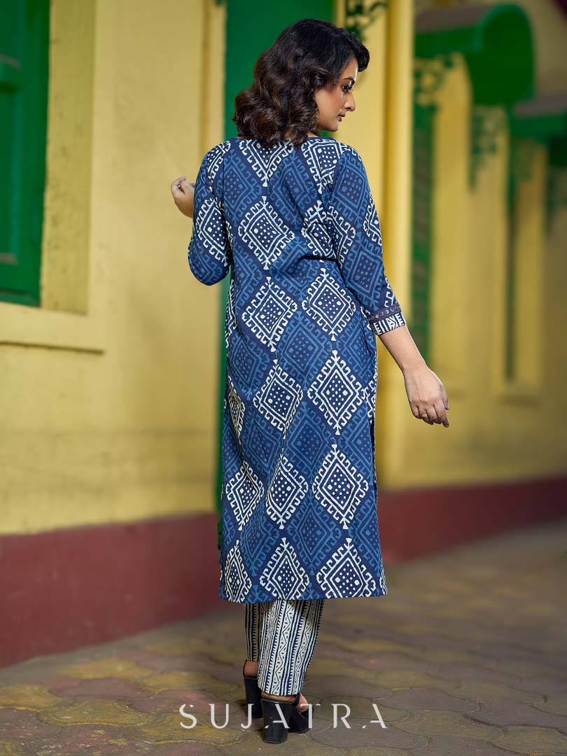 Deep Indigo Abstract Kurta Featuring Diamond Prints, Blue Mirror Lace Accents and Soft Front Gathers