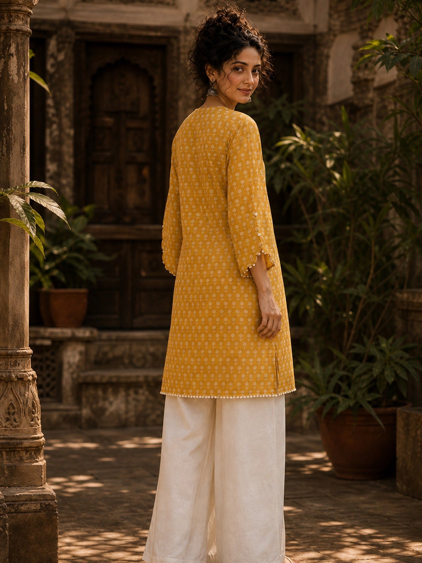 Radiant Mustard All-Over Booti Print Viscose Short Kurta with Pearl Studded Neckline & Hakoba Yoke