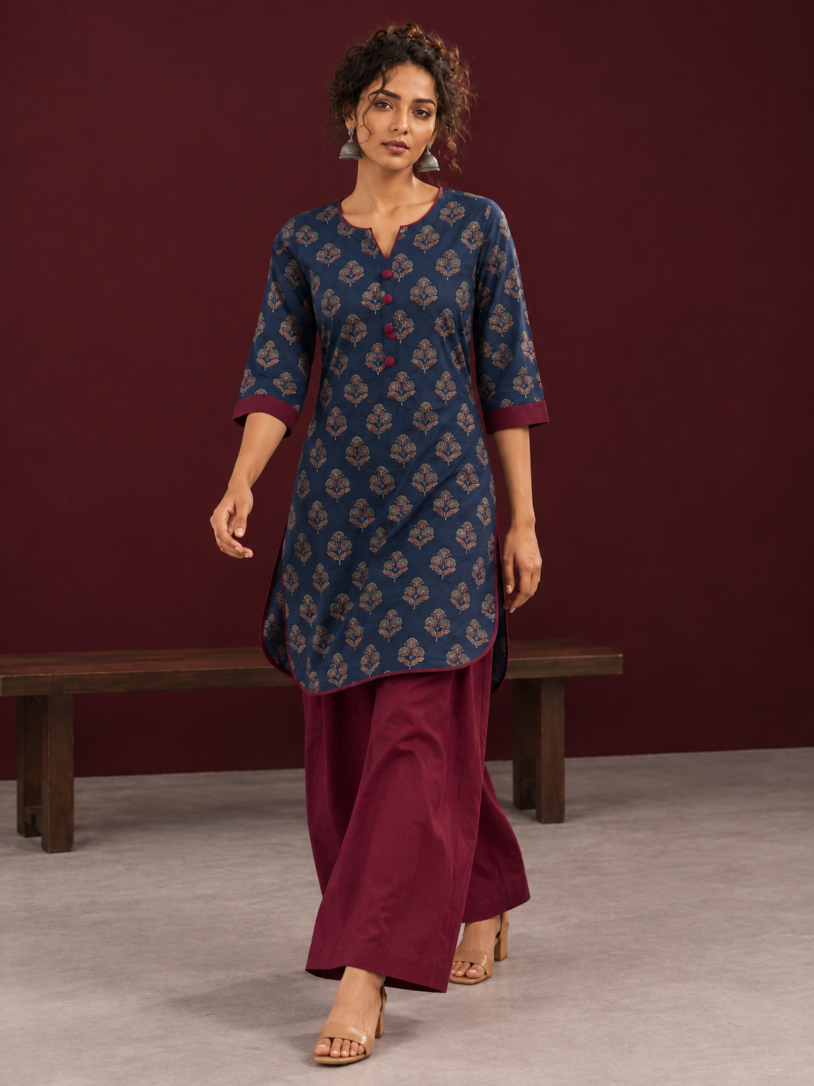 Navy Blue Cotton Kurta with Floral Ajrakh Print & Maroon Contrast Sleeve Cuffs and Maroon Farshi Salwar — in motion