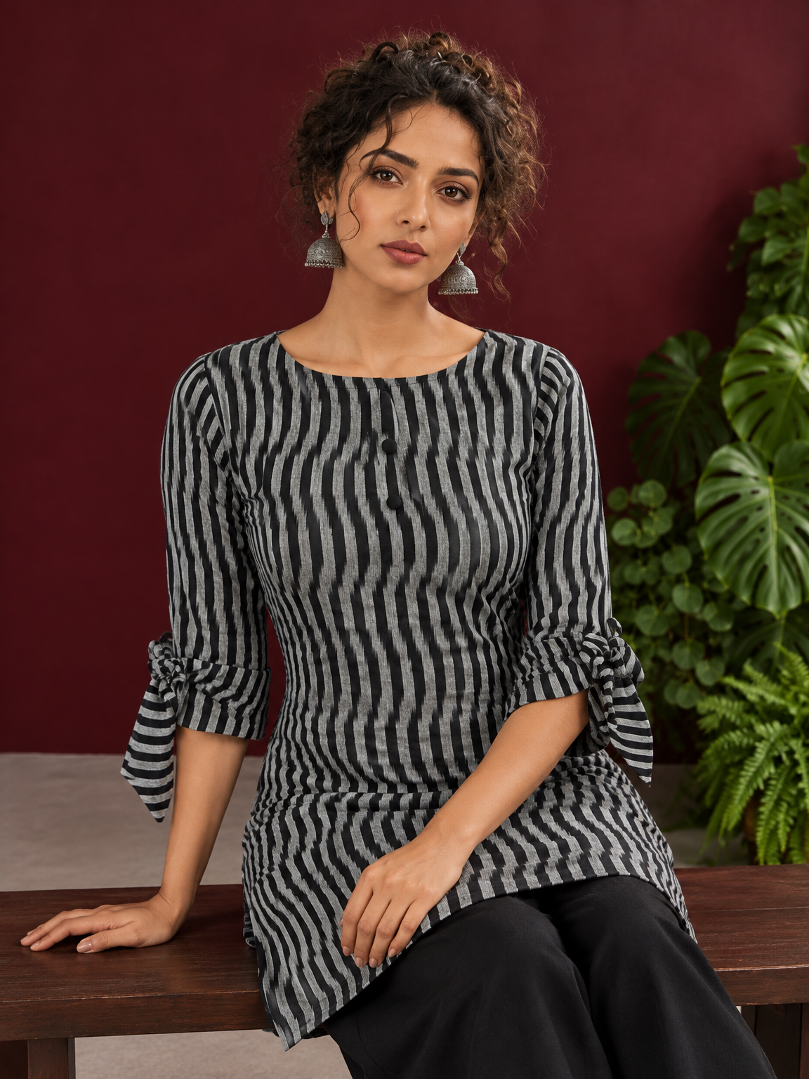 Monochrome Black and Grey Ikat Striped Cotton Coord with Tie-Up Bell Sleeve Cuffs and Buttons with Black Pala — seated detail