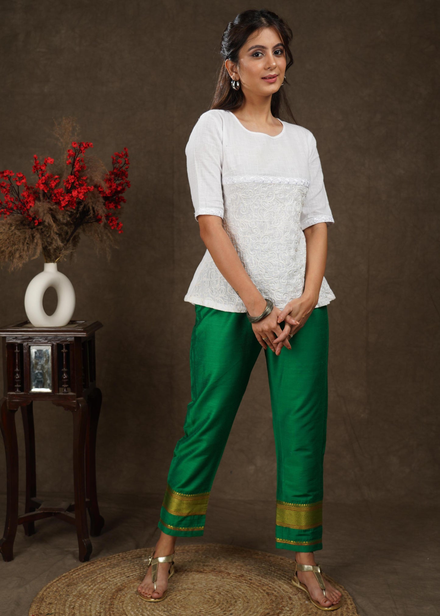 Green cotton silk narrow pant with banarasi border