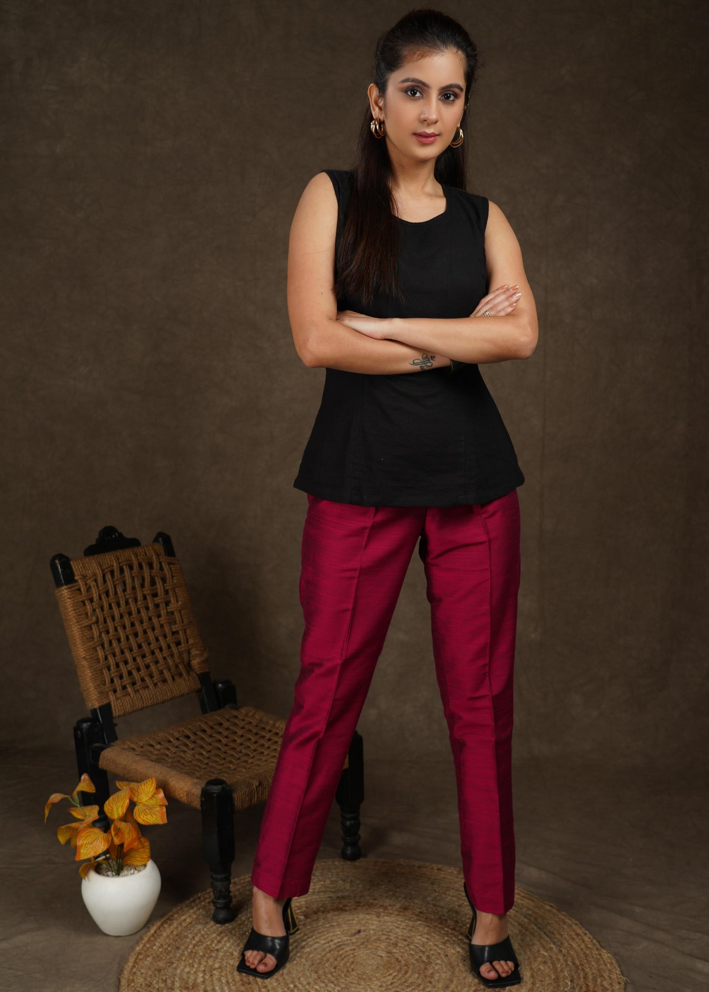 Smart casual magenta cotton silk narrow fitted trouser
