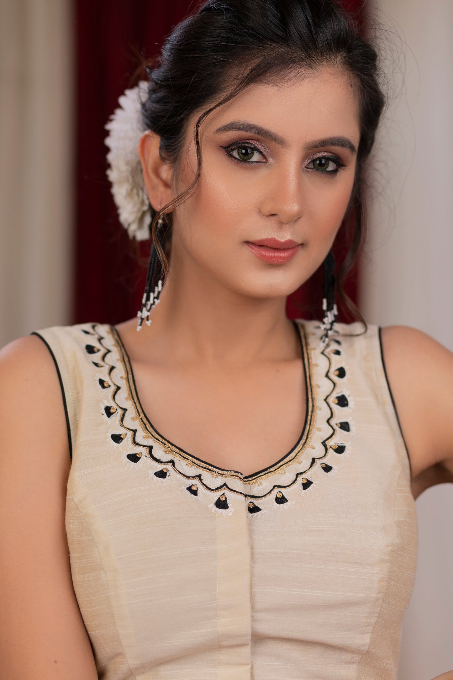 Ivory cotton silk blouse with beautiful machine embroidery