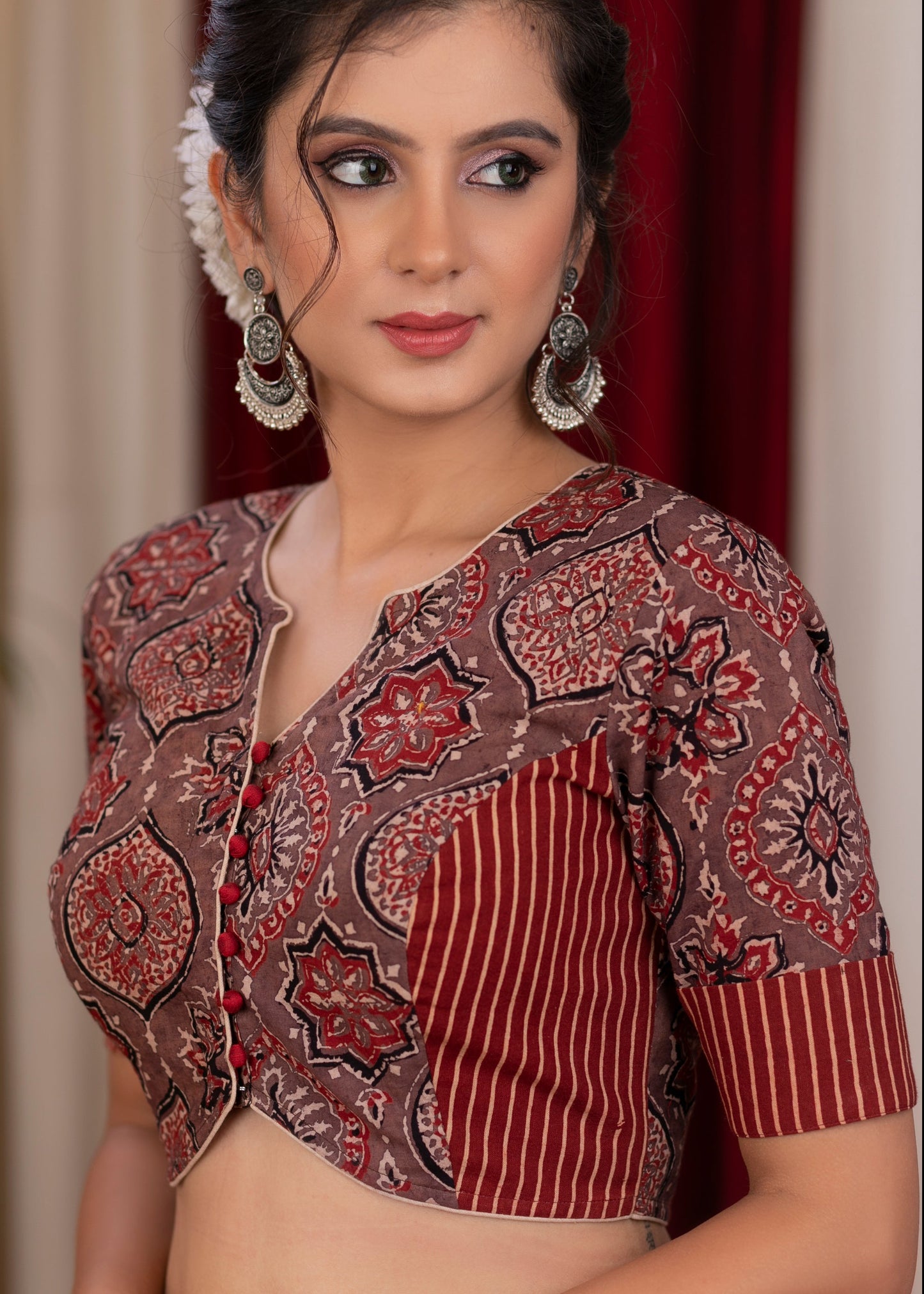 Exclusive ajrakh and stripe combination blouse