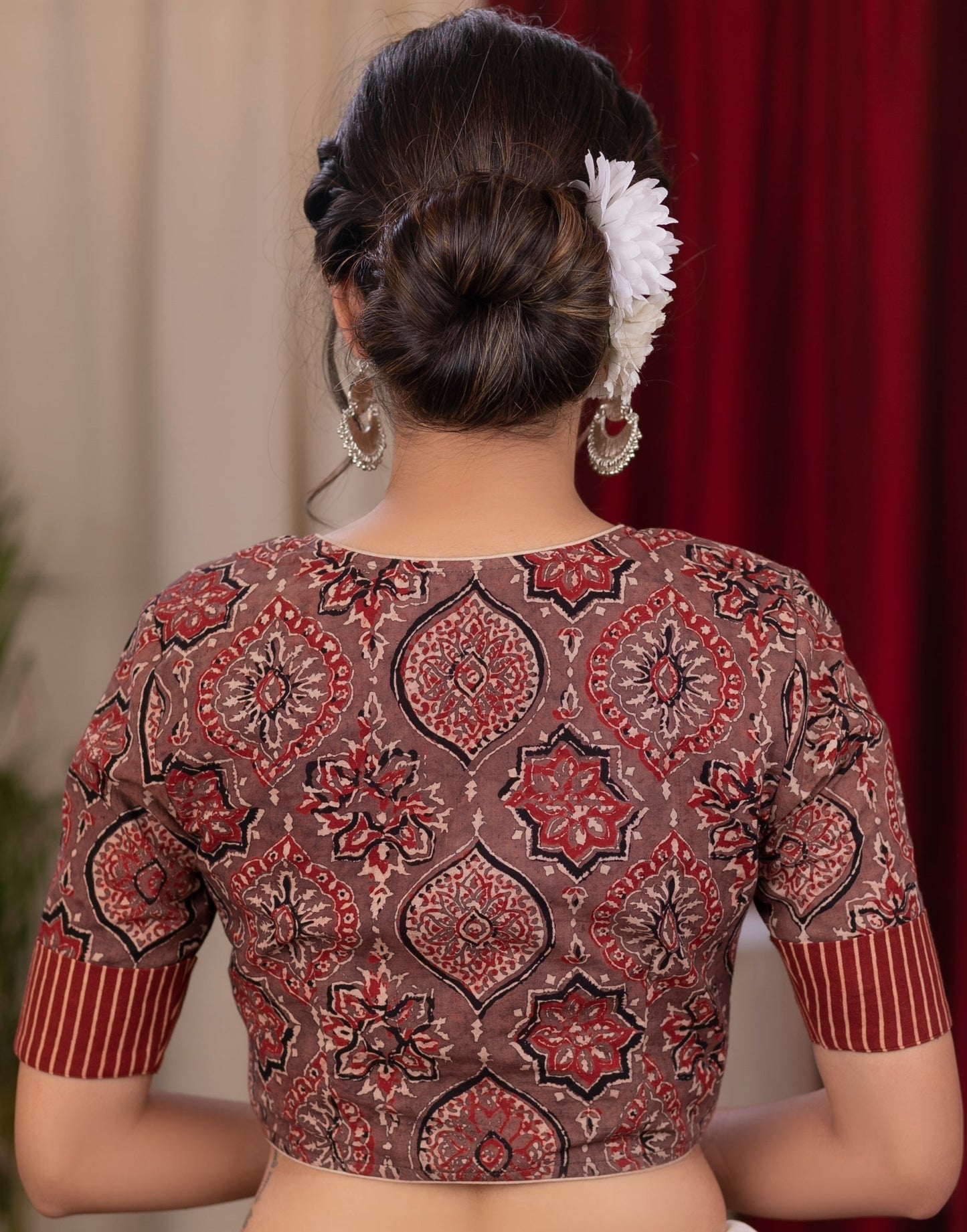 Exclusive ajrakh and stripe combination blouse